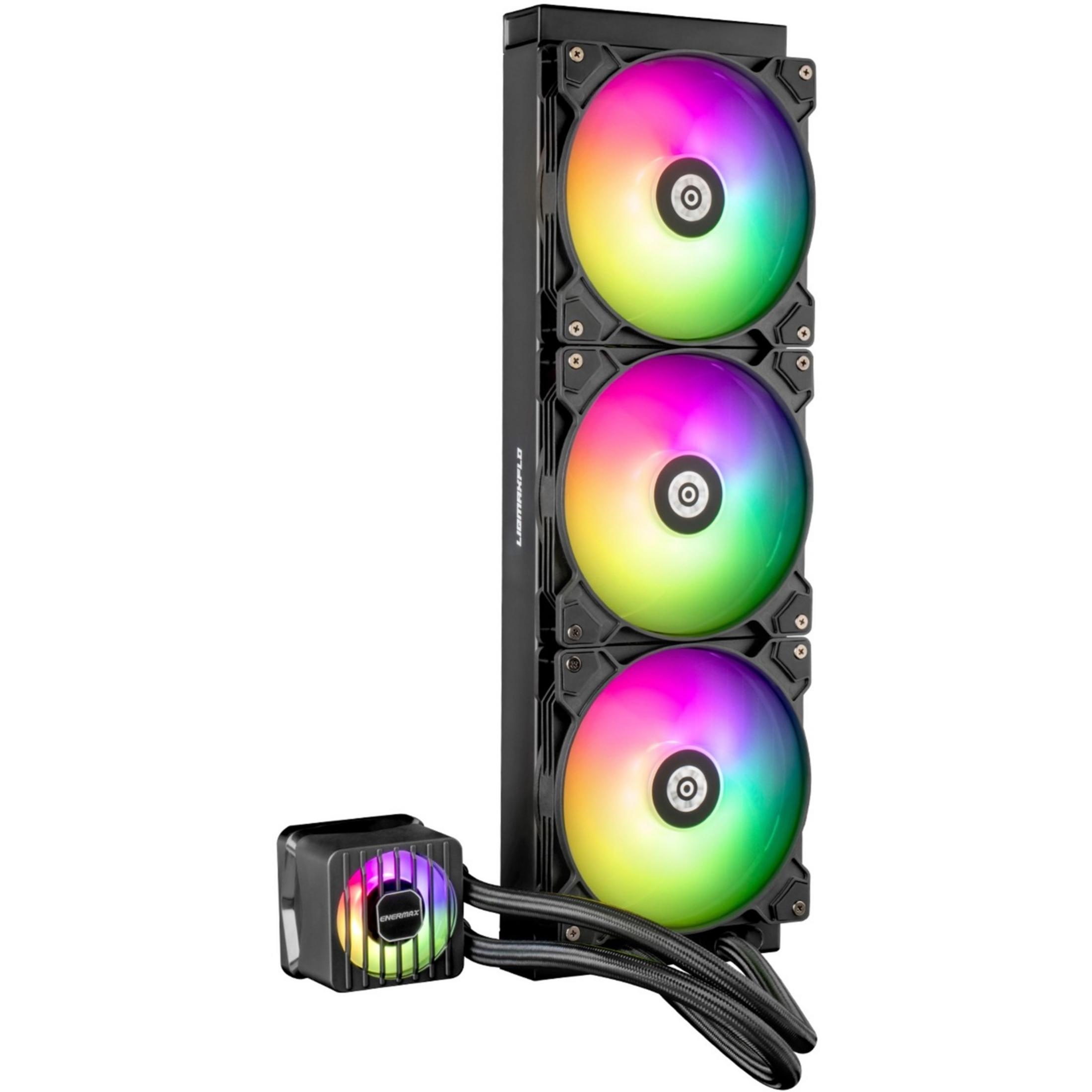 Czarna chłodnica CPU z trzema wentylatorami RGB i pompą.