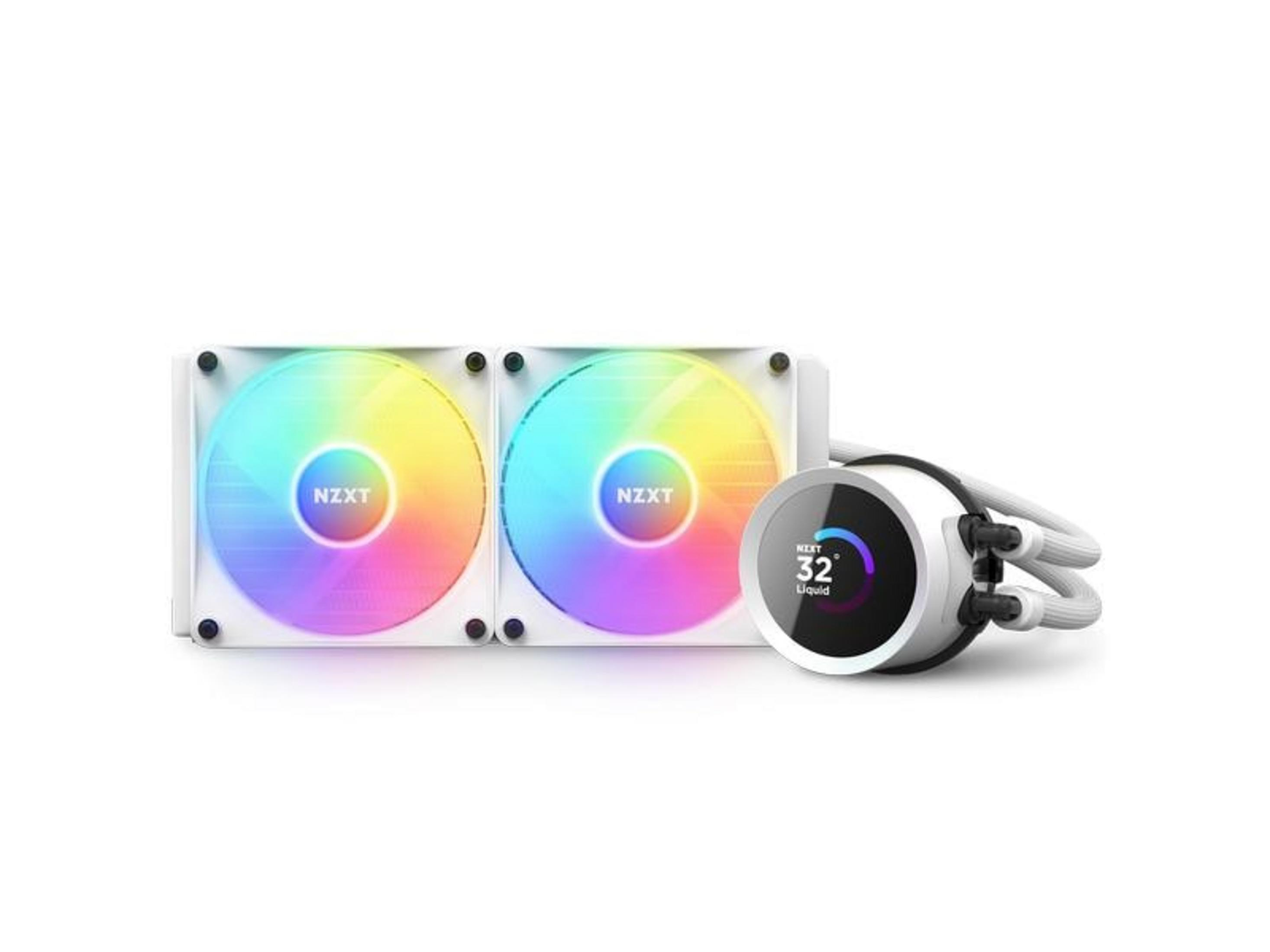 Ein weißer NZXT CPU-Kühler mit zwei RGB-Lüftern und einem runden Display.
