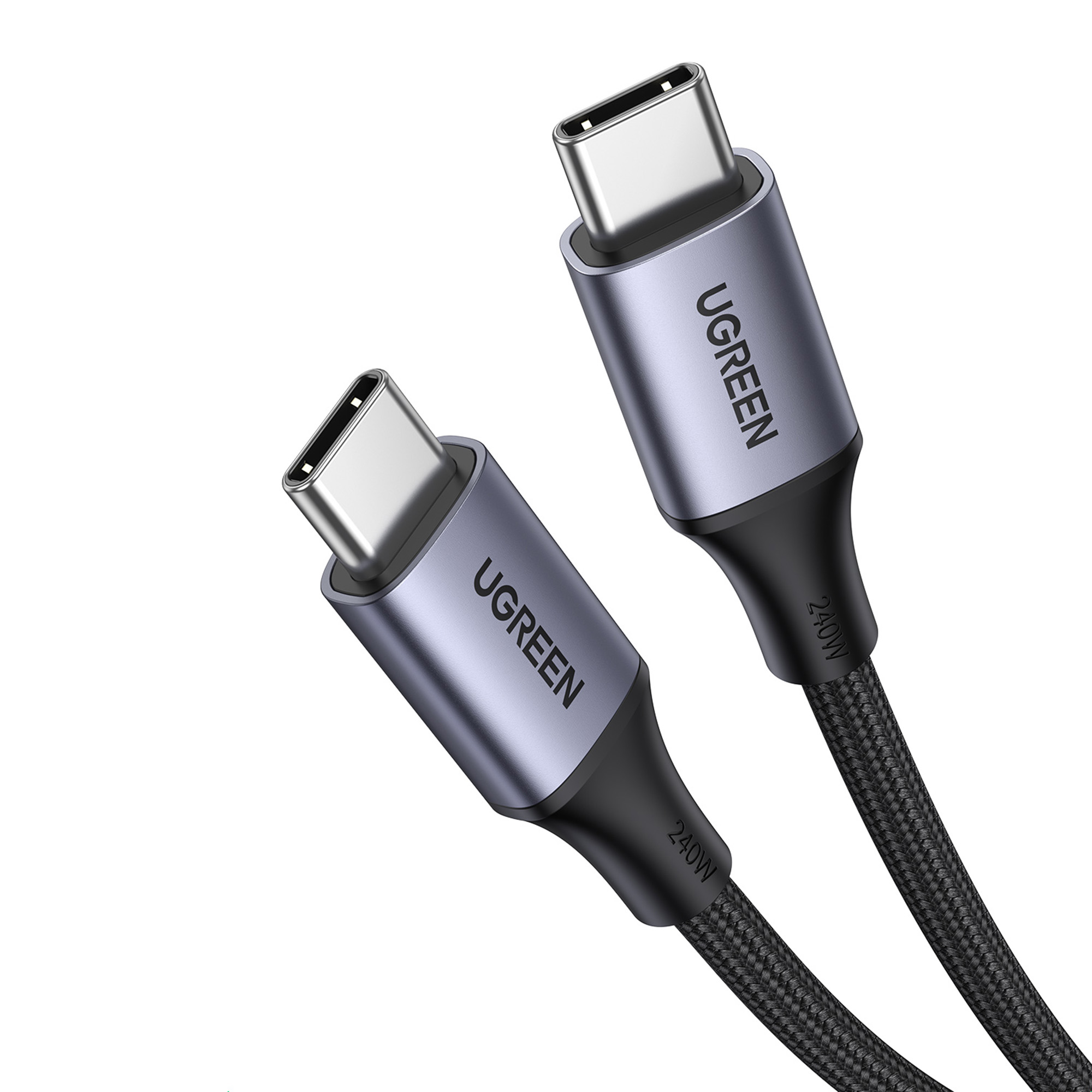 Dwa kable USB-C ze srebrnymi złączami i niebieską obudową z logo UGREEN.