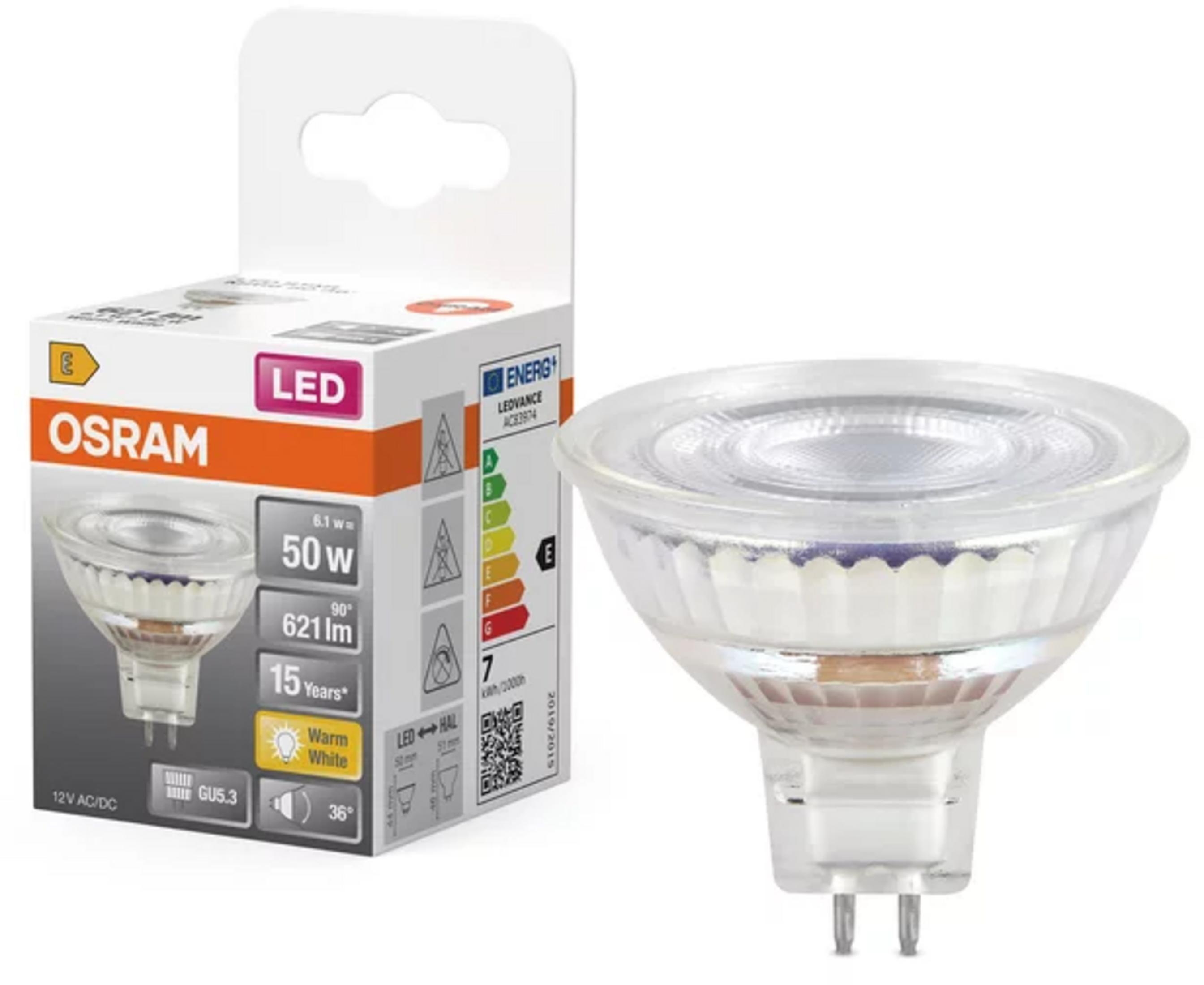 Lampadina Osram LED, attacco GU5.3, 6.1W, equivalente 50W, 621lm, bianco caldo.