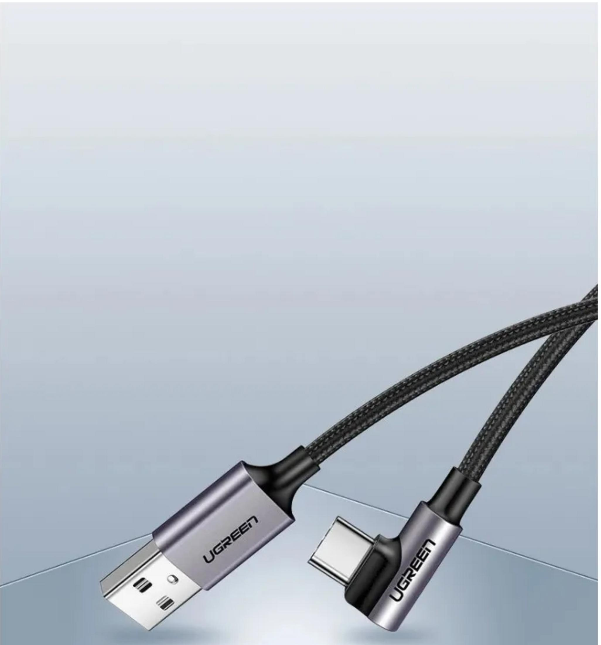 Kabel ładujący UGREEN USB-A do USB-C z kątowymi złączami 90 stopni.