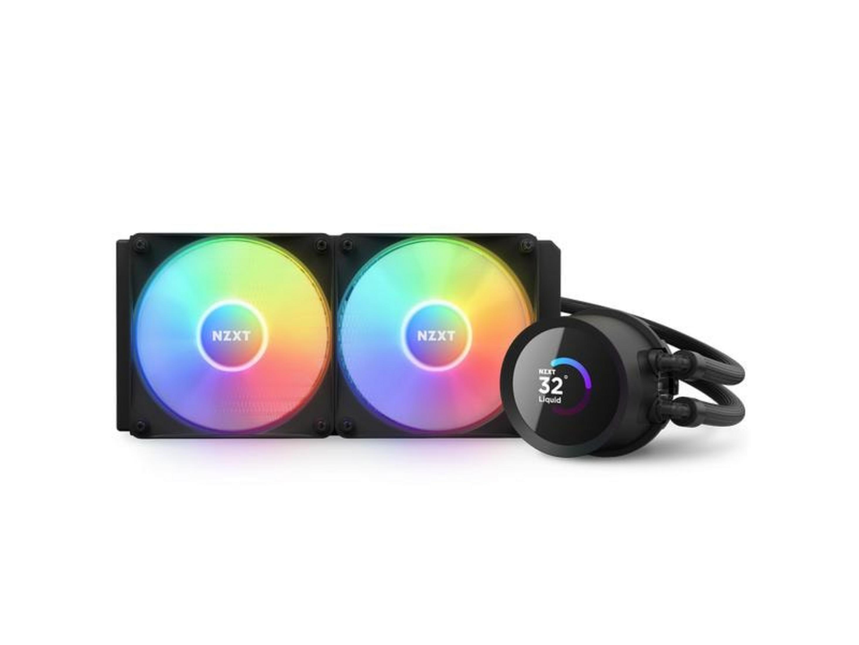 An NZXT CPU cooler with two RGB fans and a round display showing 32°C liquid temp.