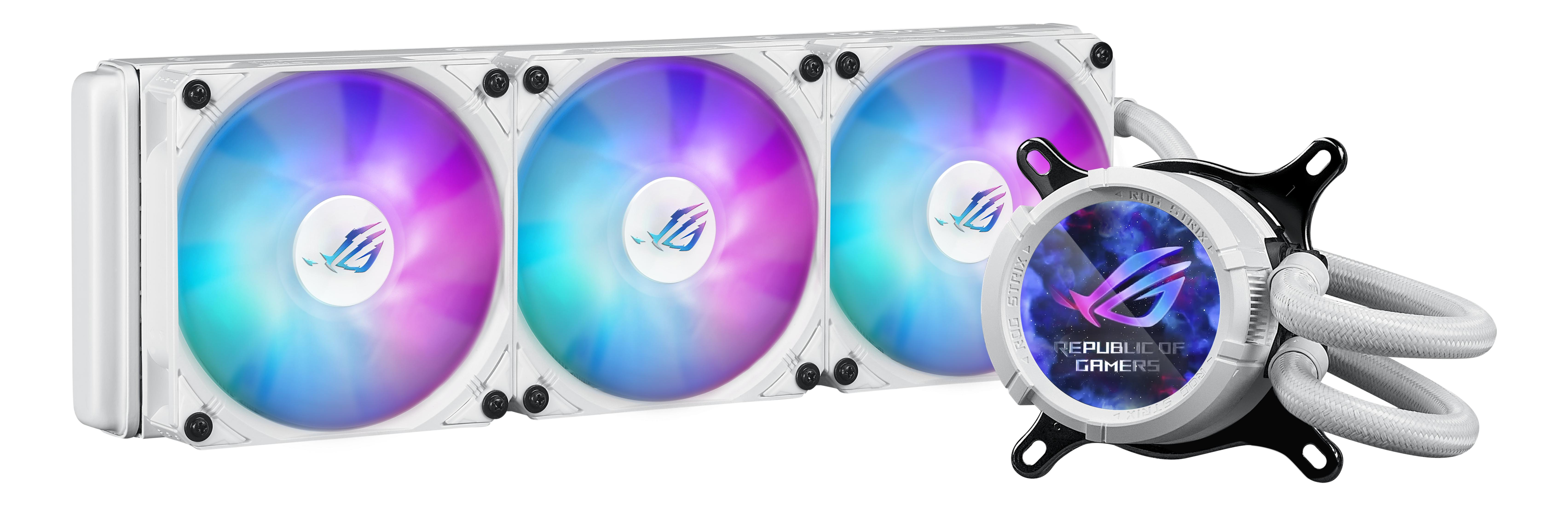Biały wentylator PC z oświetleniem RGB i srebrną rurką.