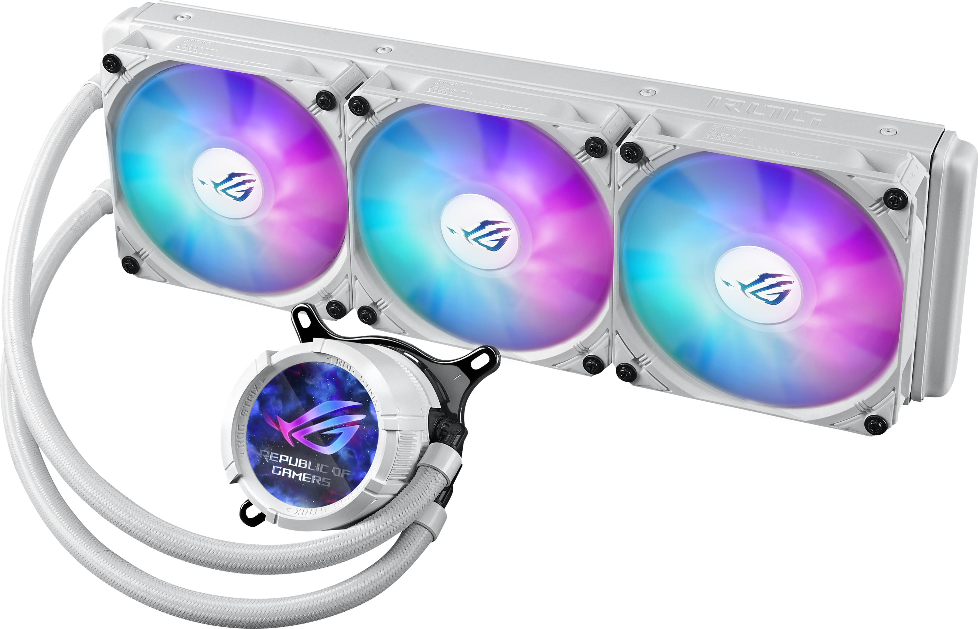 Biała jednostka chłodzenia CPU z trzema wentylatorami RGB i podświetlanym logo.