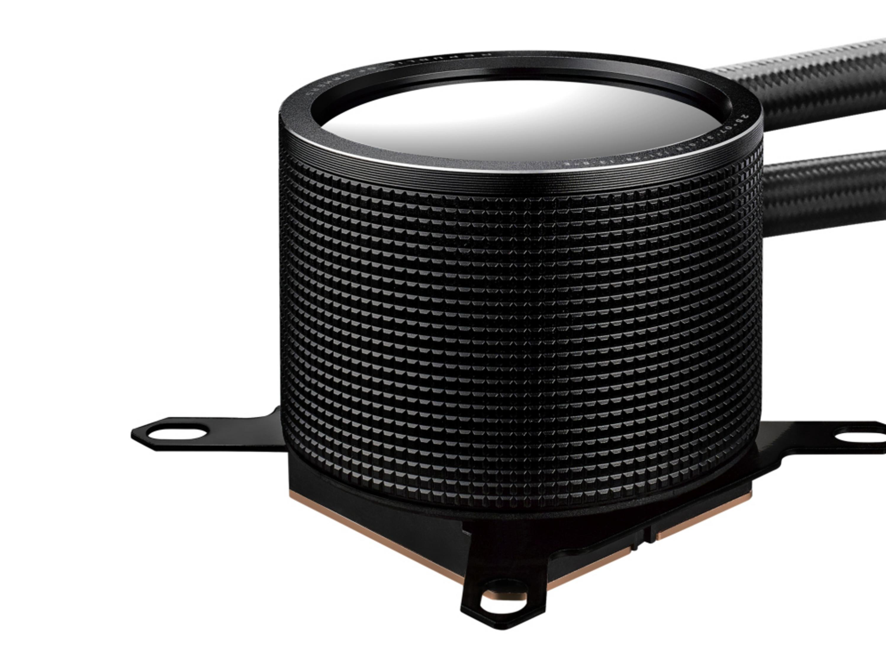 Czarna chłodnica CPU z teksturowanym cylindrem i wężami.