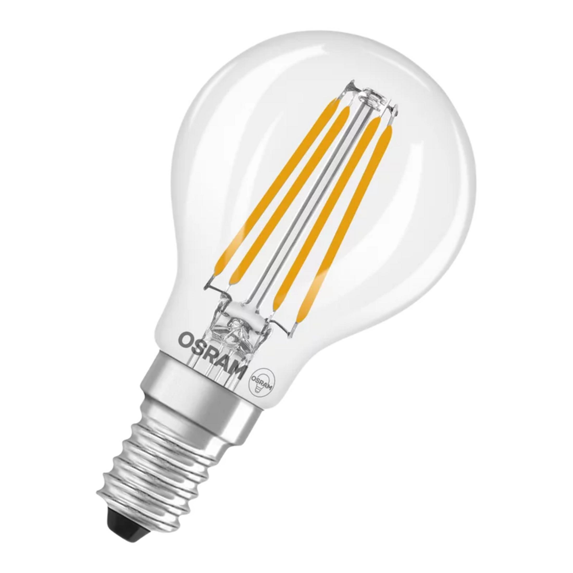 Eine klare Glühbirne mit Osram-Logo und vier gelben Glühfäden.