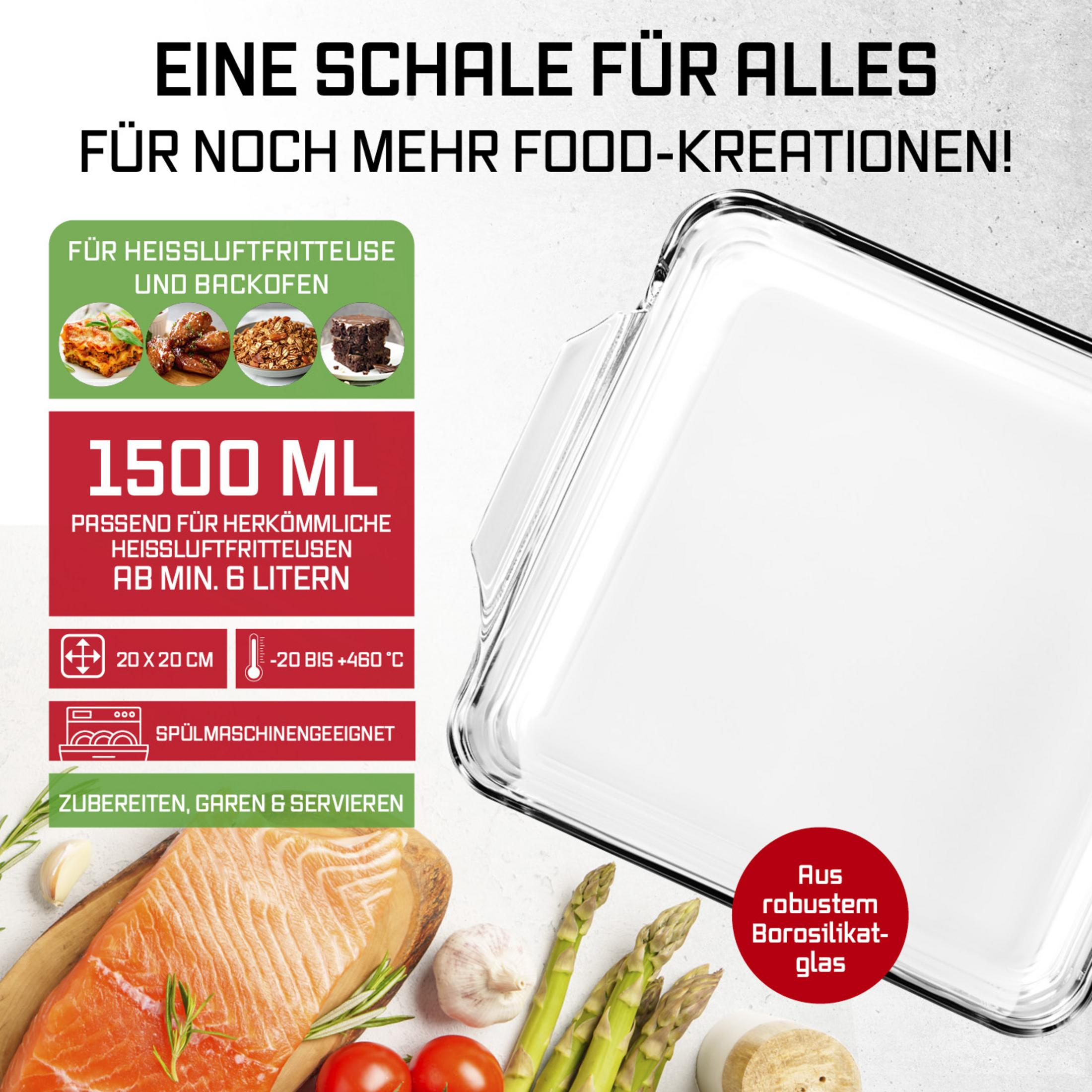Glasform für 1500ml, 20x20cm, für Heißluftfritteusen & Öfen, spülmaschinenfest.