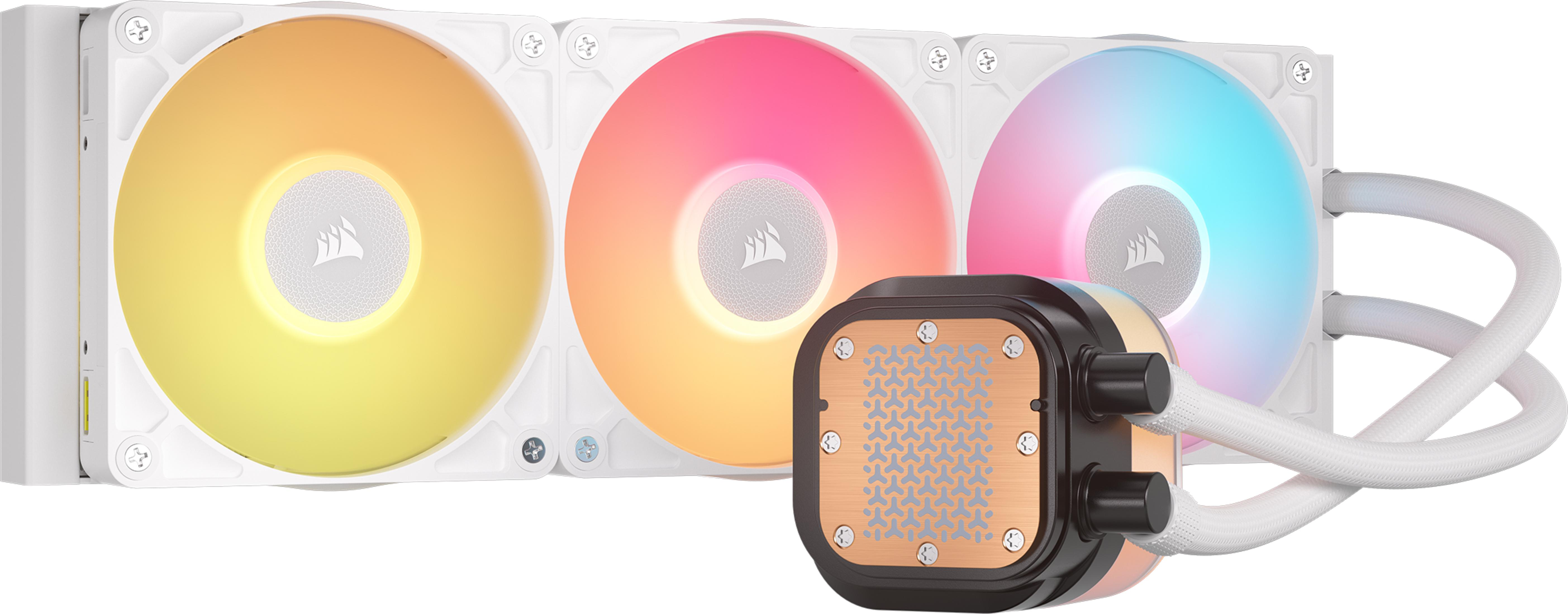 A white CPU cooler with three illuminated fans and a copper block.