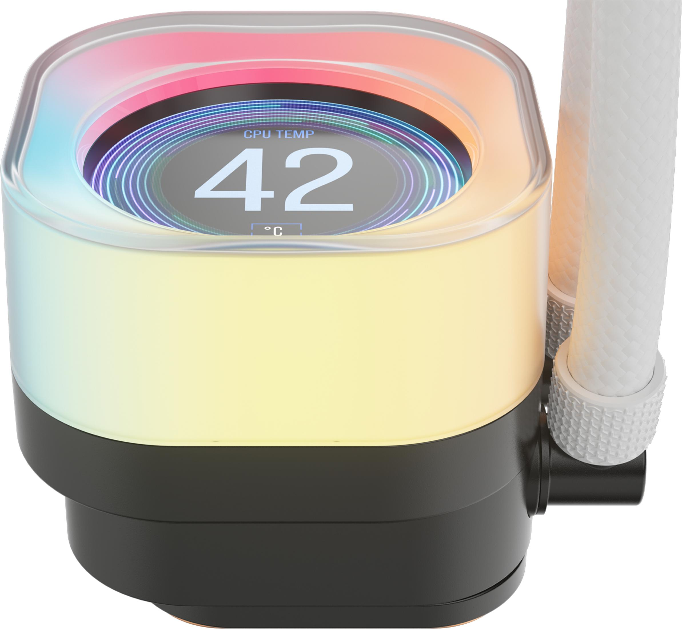 A black CPU cooler with RGB lighting displays 42°C on its screen.
