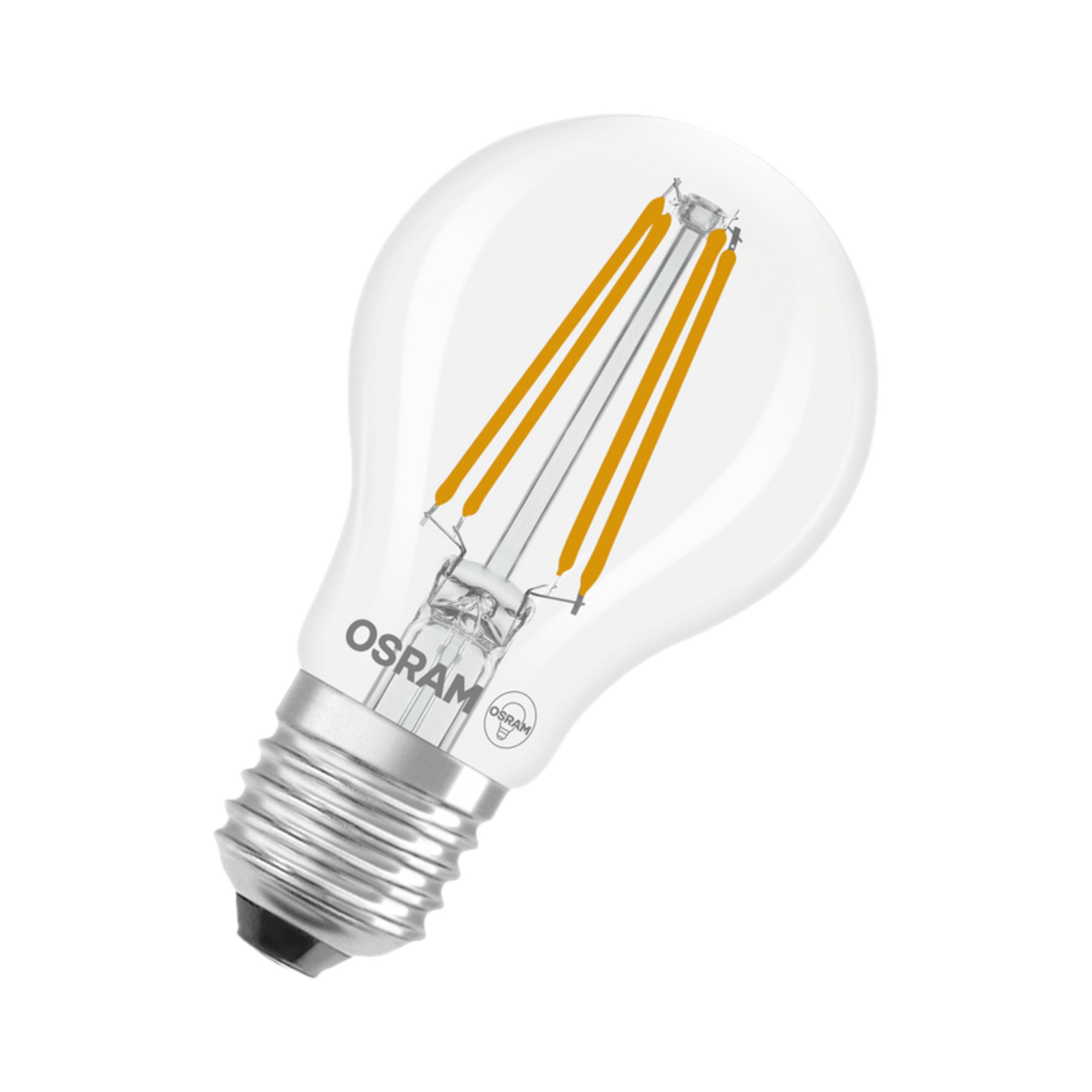 Una lampadina a LED trasparente con base argentata e quattro filamenti arancioni visibili.