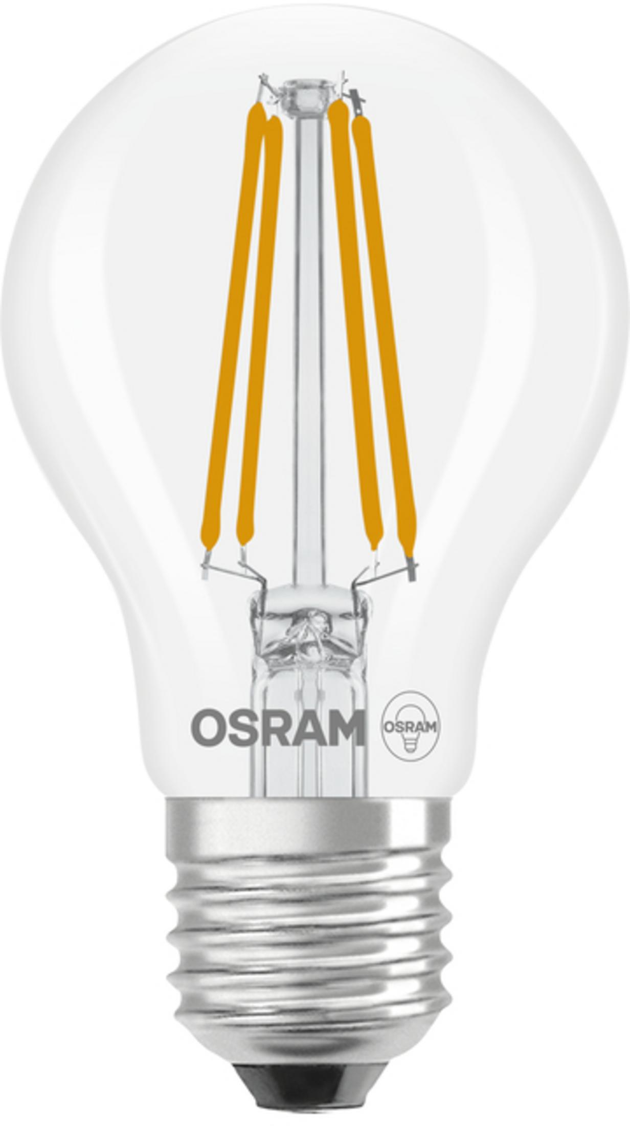 Una lampadina trasparente con quattro filamenti gialli e base argentata.