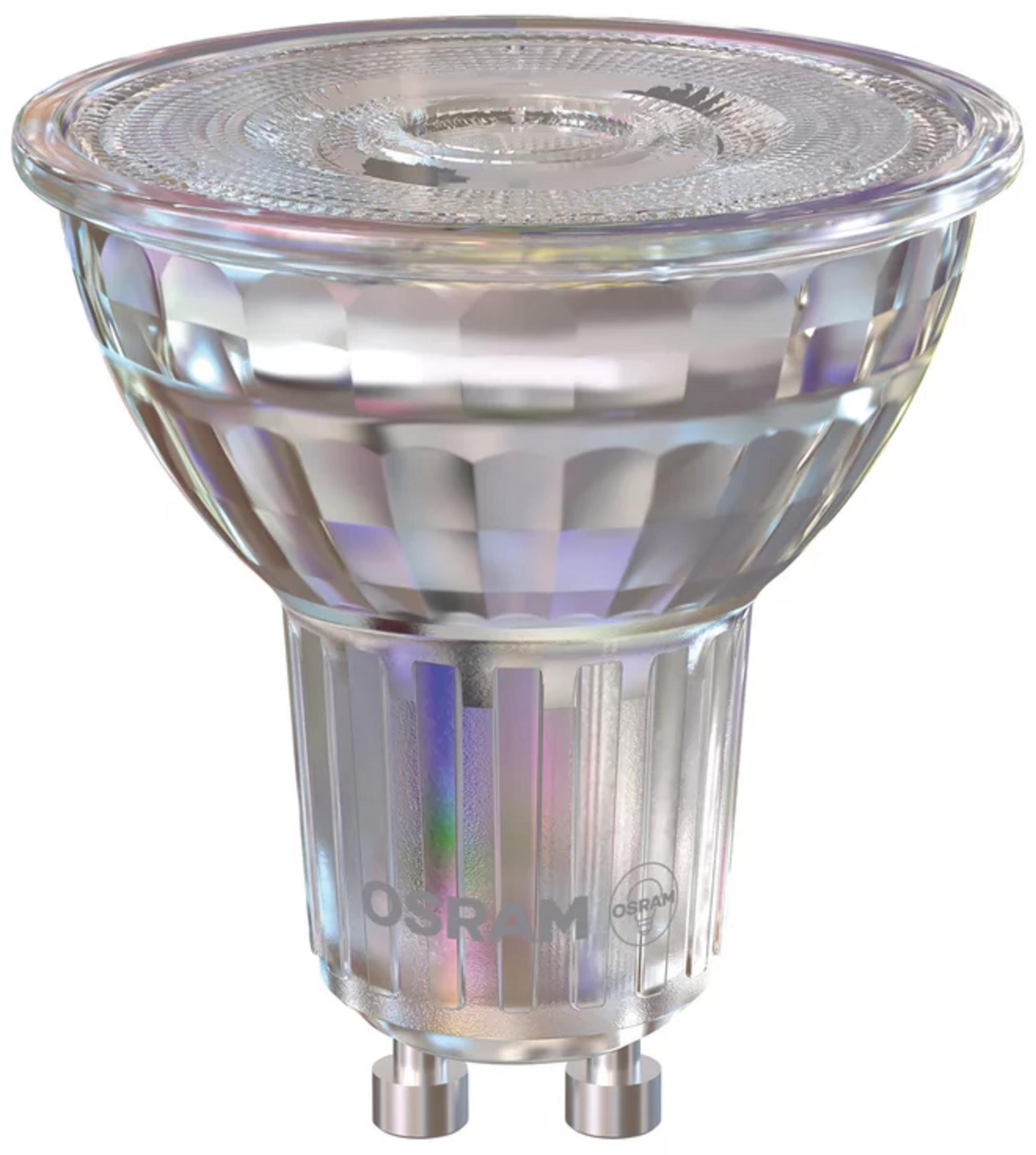 Lampadina LED GU10 trasparente con base argentata e logo OSRAM.