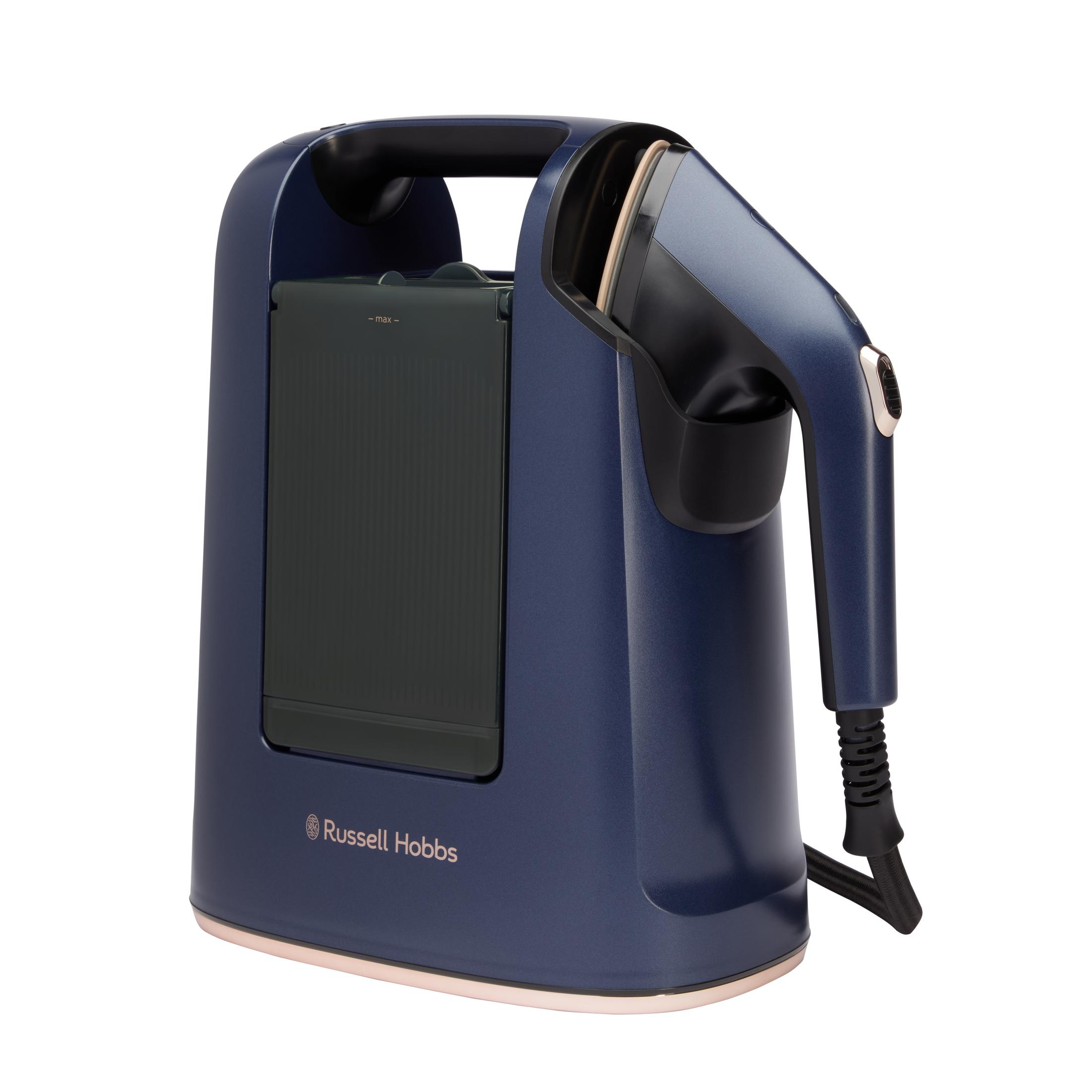 Fer à vapeur Russell Hobbs bleu avec accents or rose sur fond blanc.