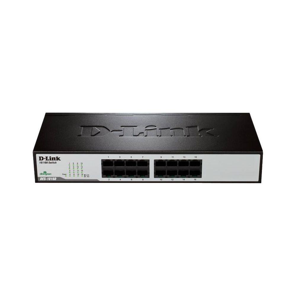 Een zwarte D-Link 16-poorts 10/100 switch met Ethernetpoorten en indicatielampjes.