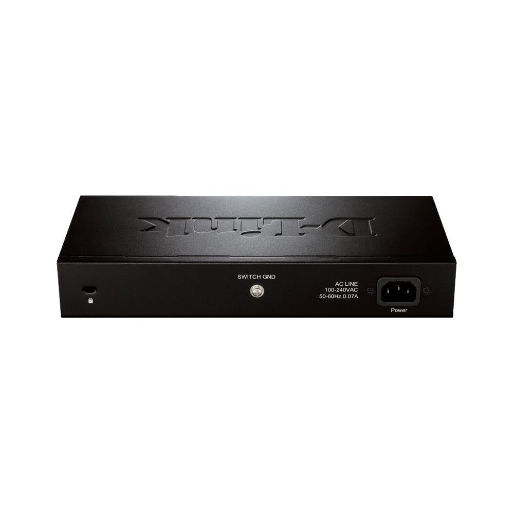 Zwart D-Link netwerkapparaat met labels en stroomconnector.