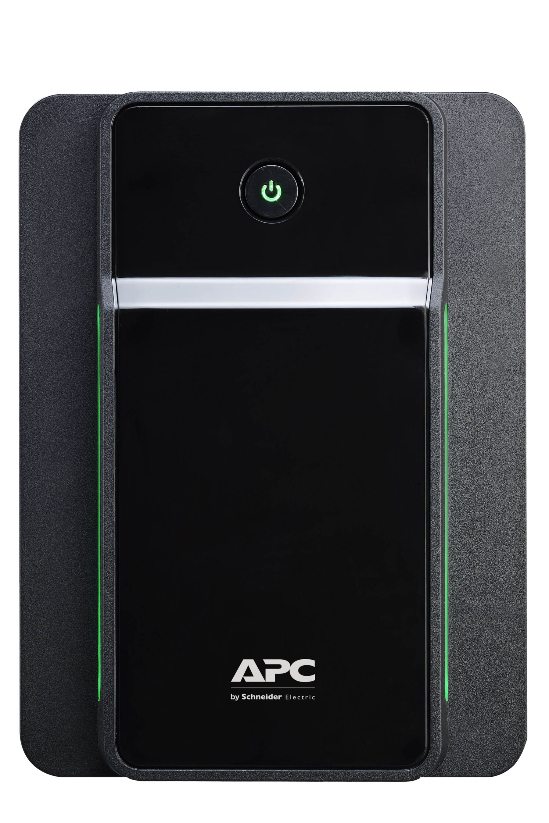 Alimentatore APC nero con pulsante di accensione verde e accenti verdi.