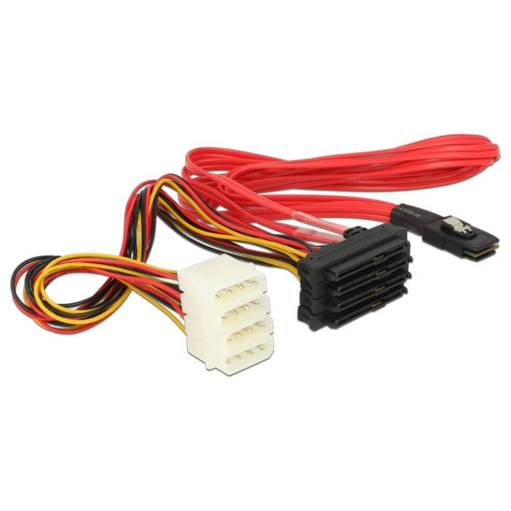 Un connettore bianco a 4 pin e un connettore SATA nero con cavi rossi, gialli e neri.