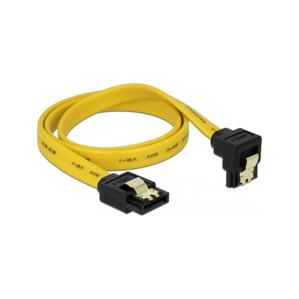 Un cavo SATA giallo con connettori neri, su sfondo bianco.