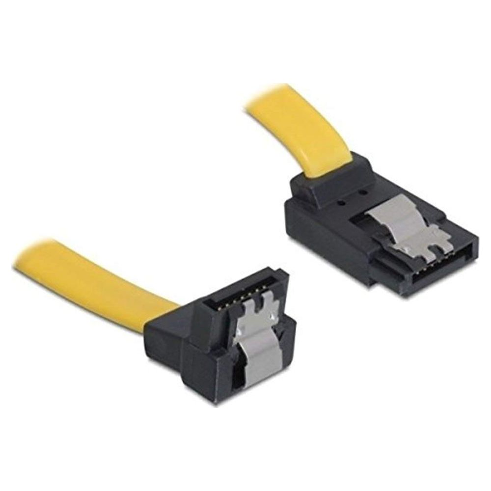 Due cavi dati SATA gialli con connettori neri su sfondo bianco.