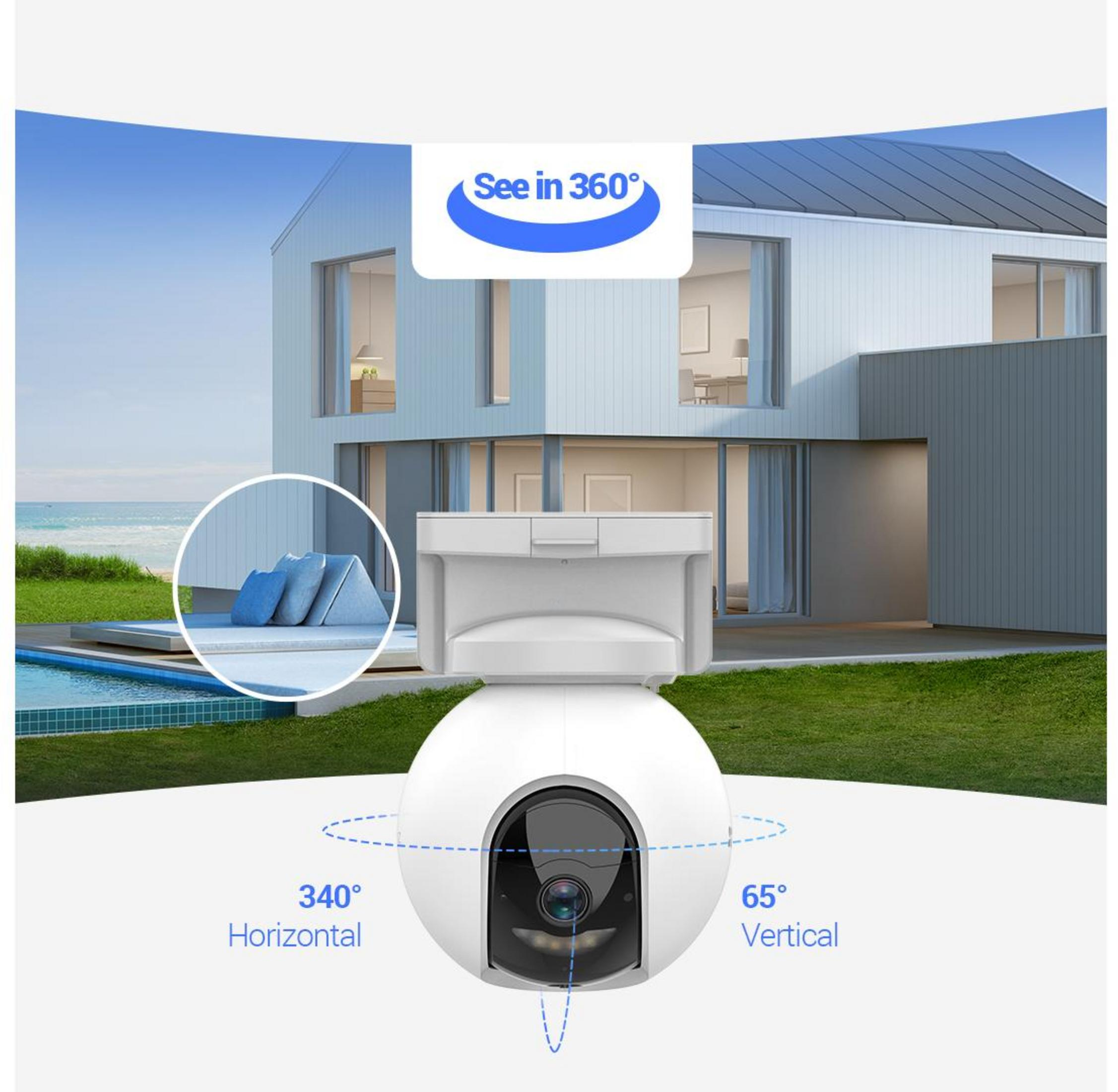 Biała kamera bezpieczeństwa z widokiem 340° w poziomie i 65° w pionie.
