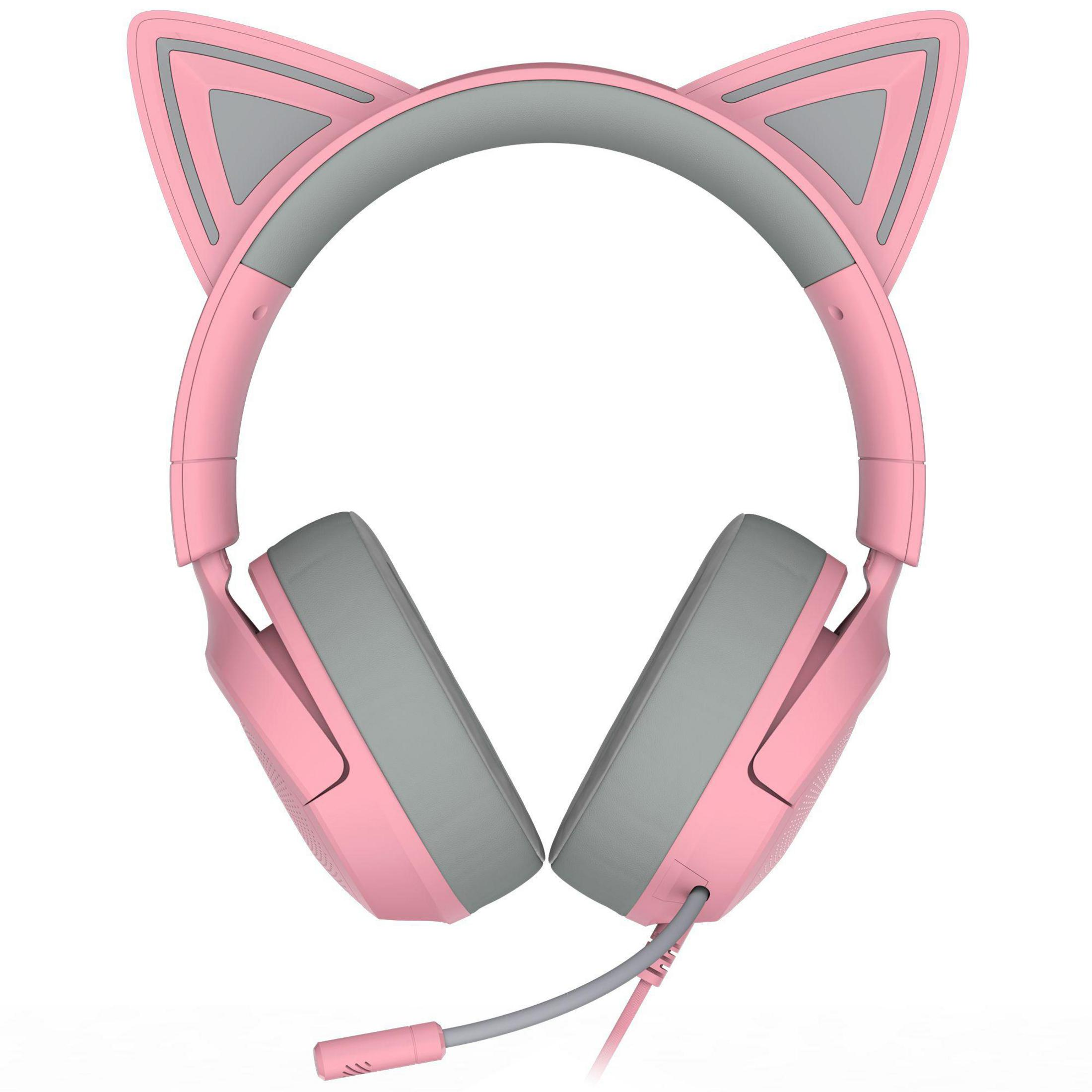 Cuffie rosa con orecchie da gatto, padiglioni grigi e microfono attaccato.