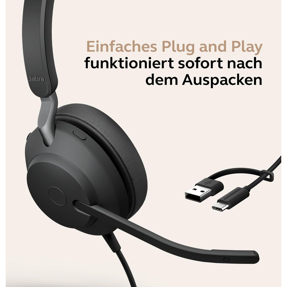 Cuffie Jabra nere con microfono e cavi USB-A/USB-C.