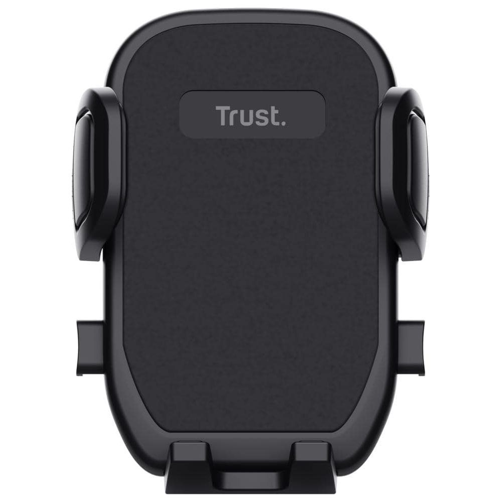 Supporto nero per cellulare con logo "Trust." e morsetti regolabili.