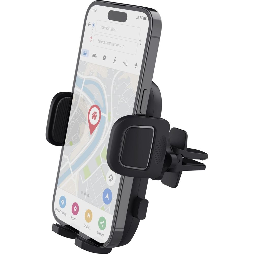 Un supporto per telefono nero che tiene un telefono con un'app di navigazione visualizzata.