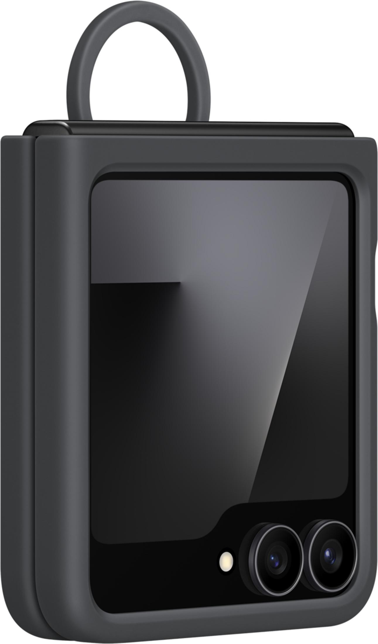 Szara składana smartfon z zewnętrznym ekranem i dwoma aparatami.