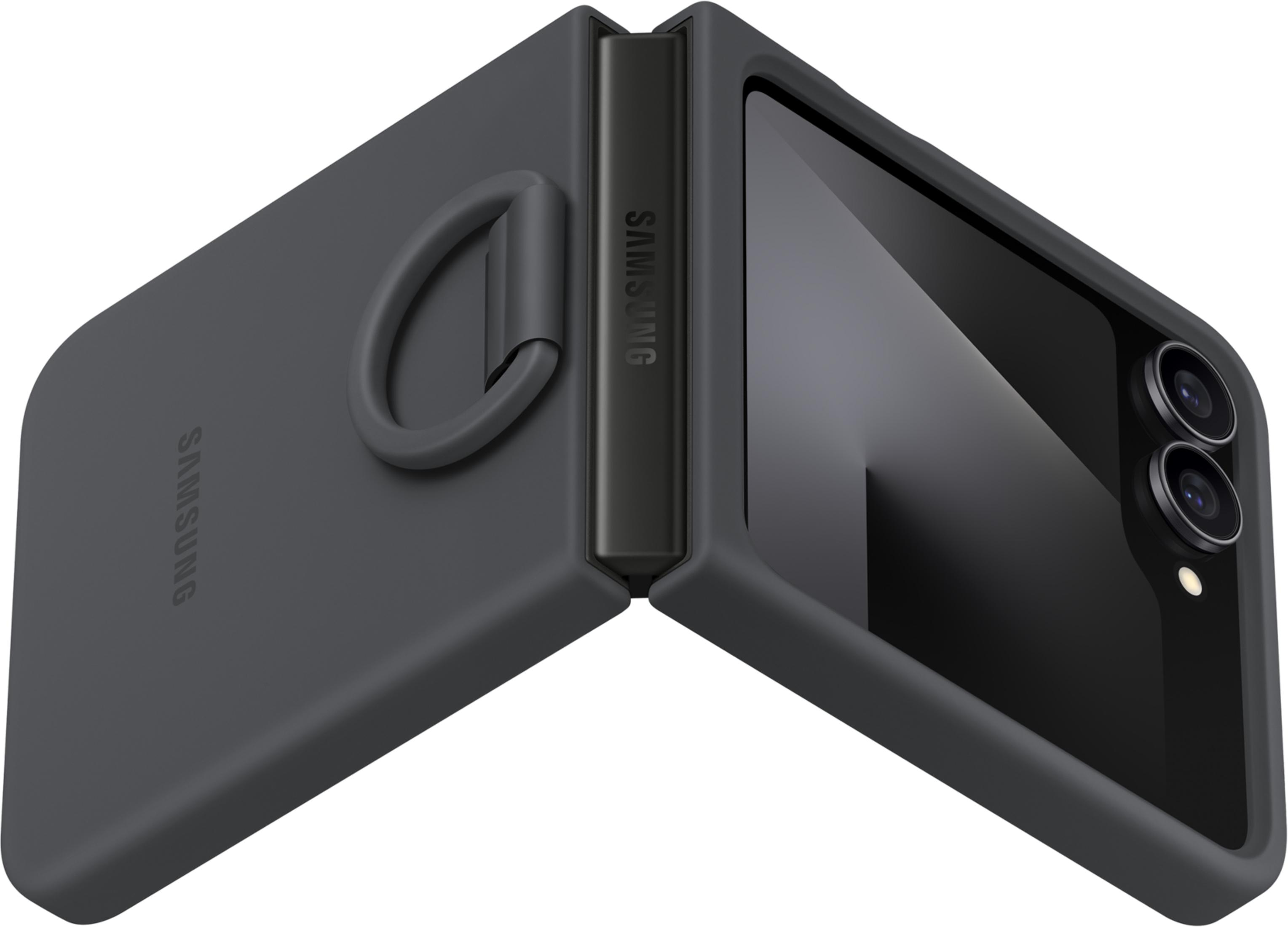 Ciemnoszary telefon składany z pierścieniem i dwoma aparatami.