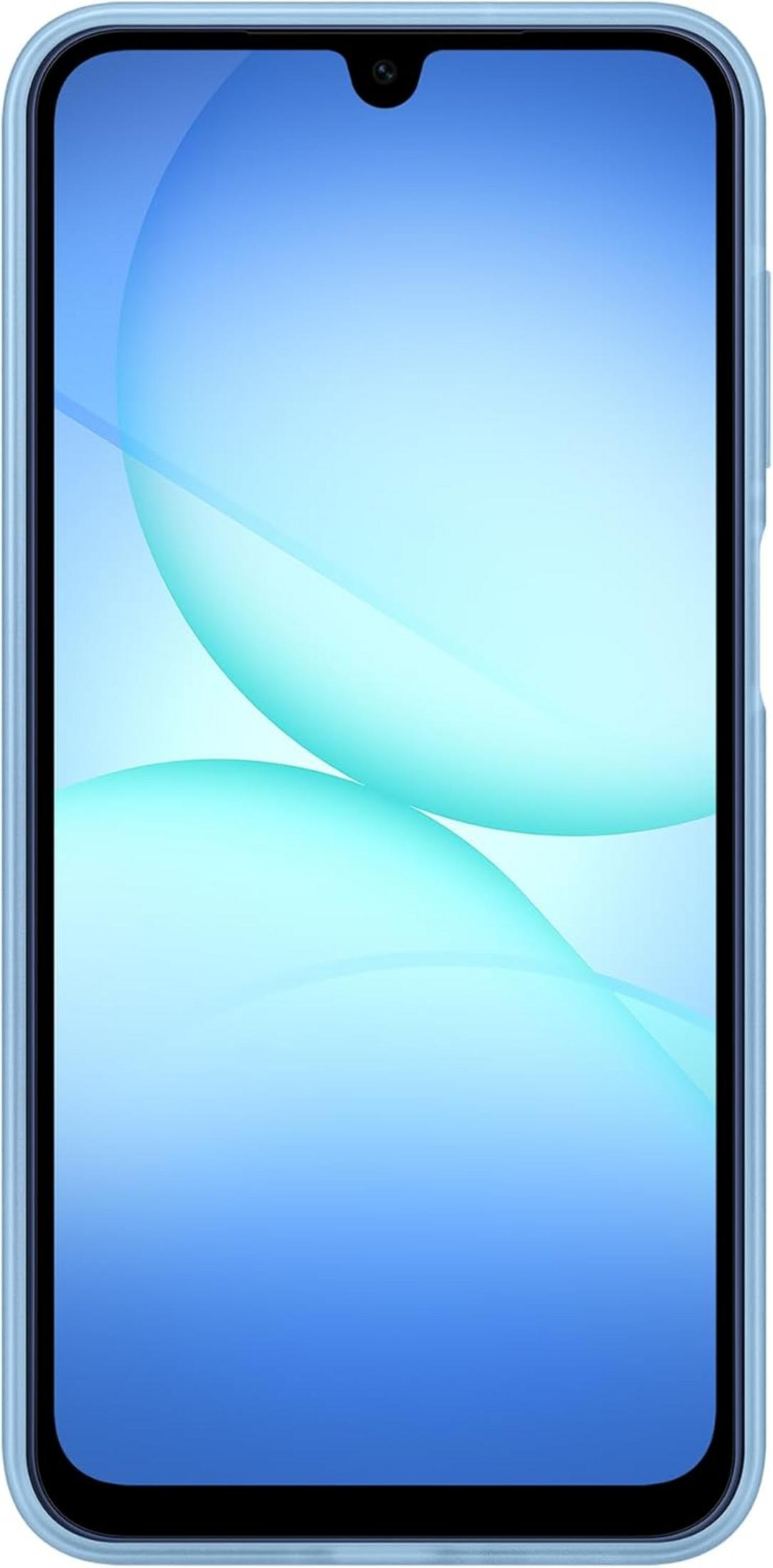 Uno smartphone azzurro con sfondo blu e due grandi cerchi.