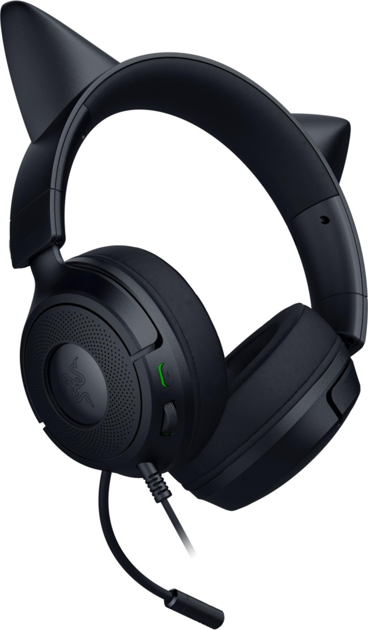 Cuffie nere con orecchie da gatto, microfono e logo Razer.