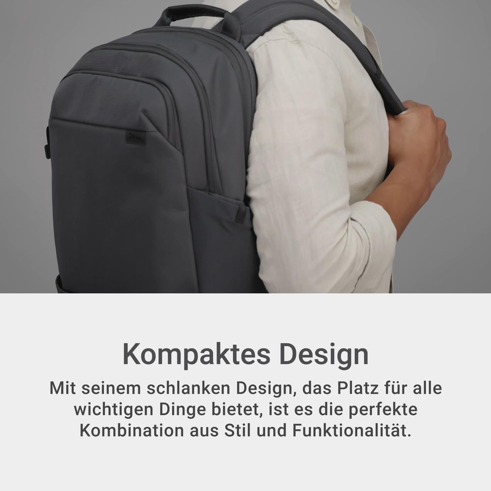 Mochila gris sobre el hombro de una persona con camisa clara.