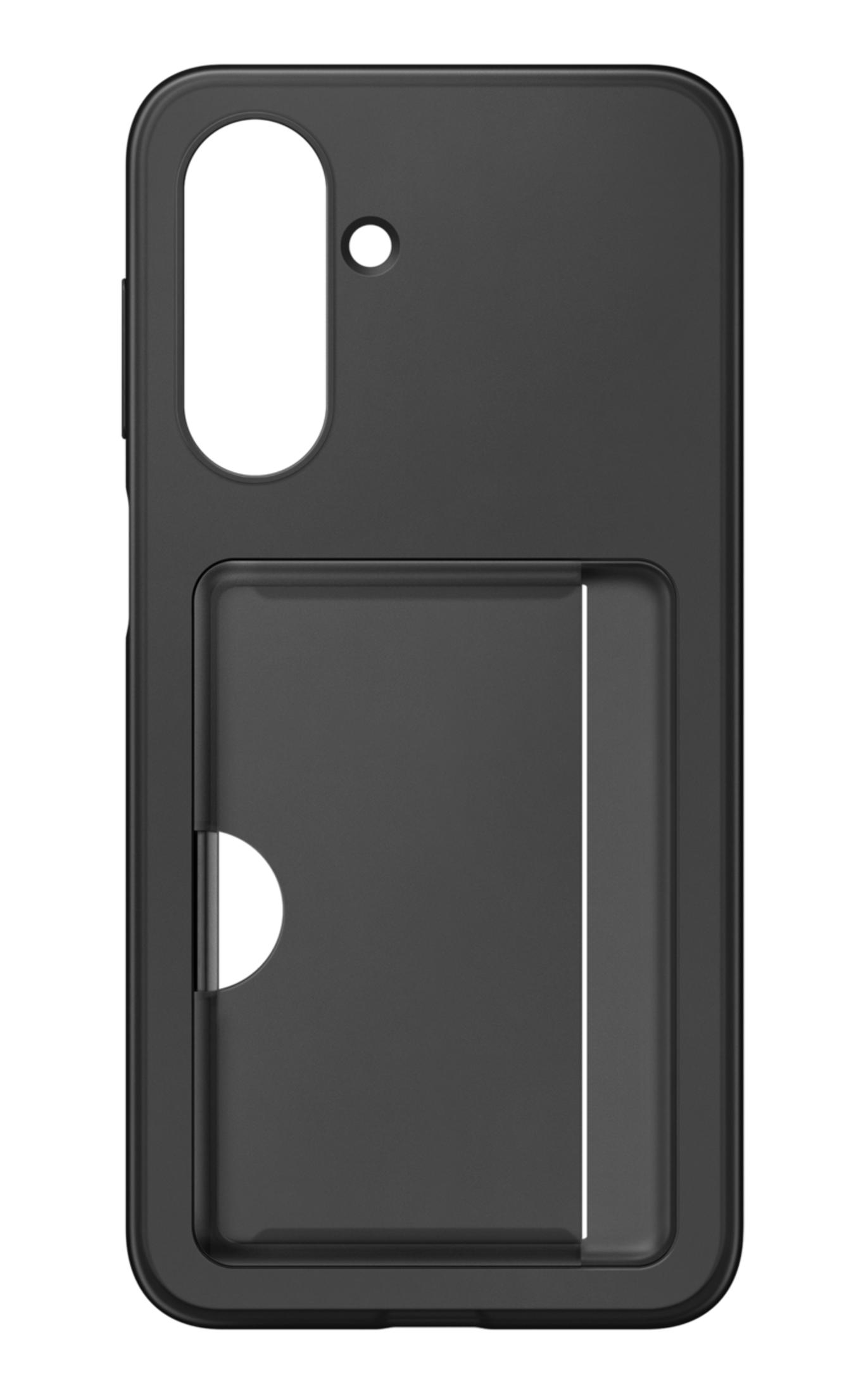 Czarne etui na telefon z miejscem na karty i wycięciem na aparat.