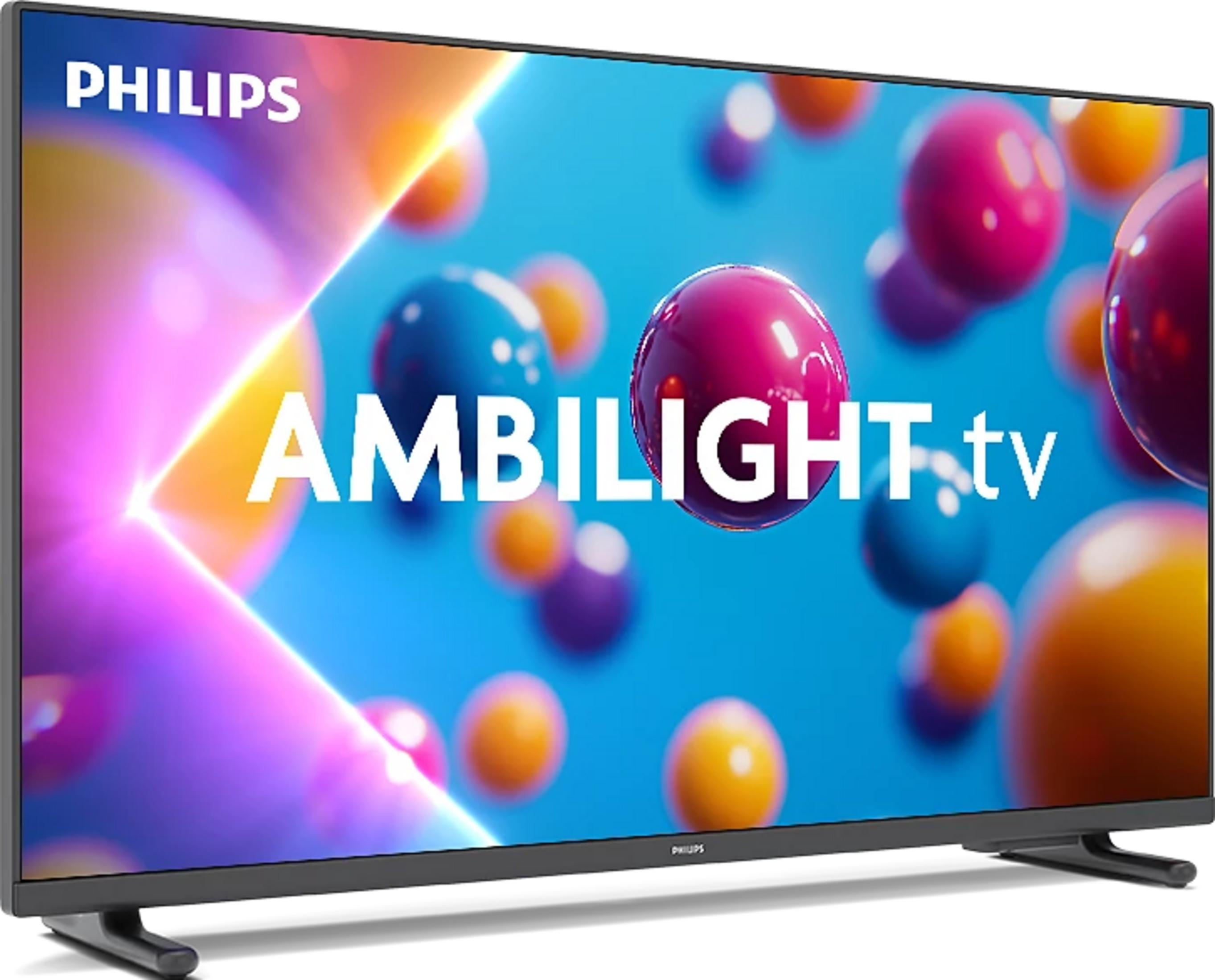 Un televisor Philips Ambilight con esferas coloridas al fondo.