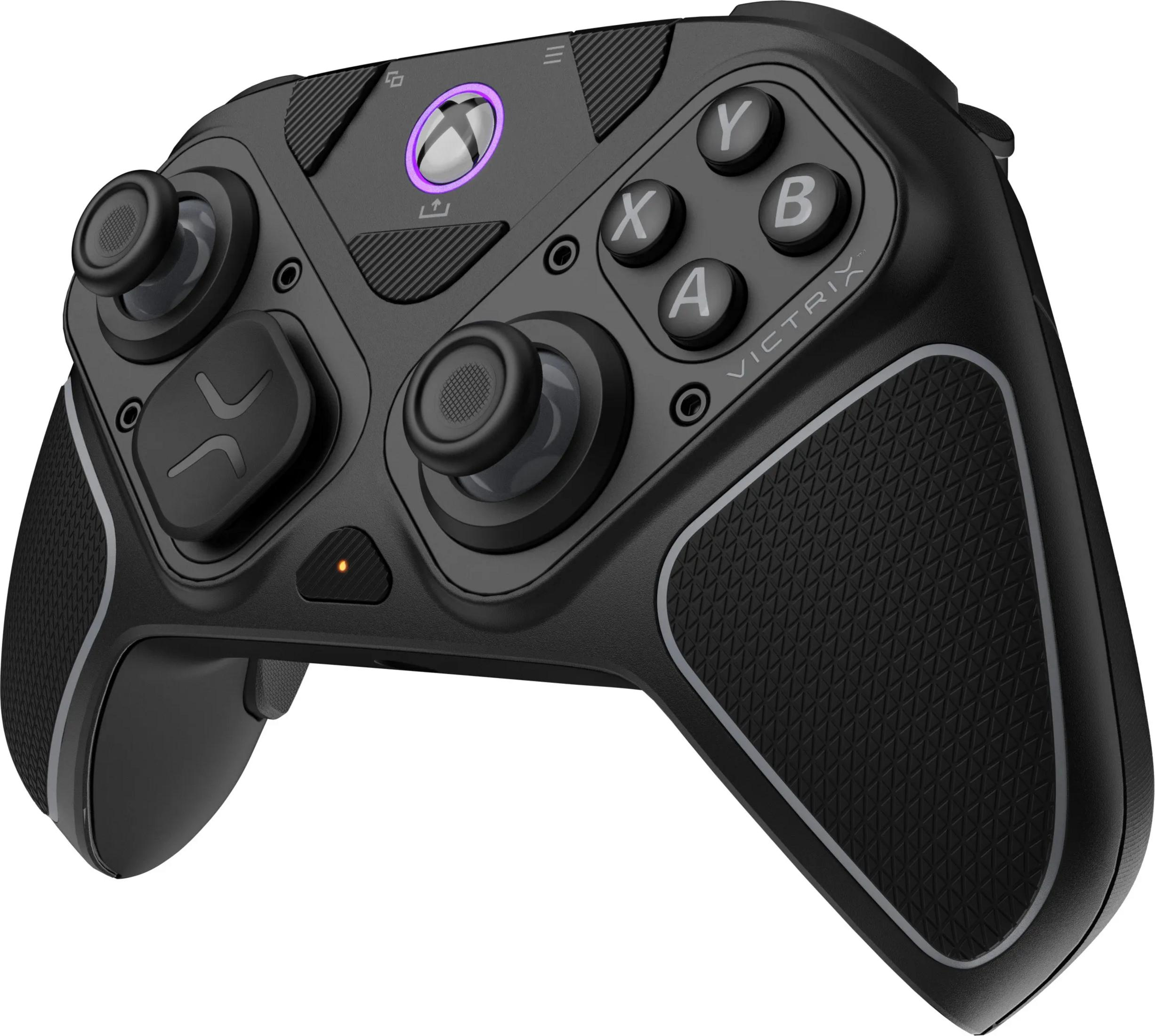 Schwarzer Gaming-Controller mit lila Xbox-Taste und zwei Joysticks.