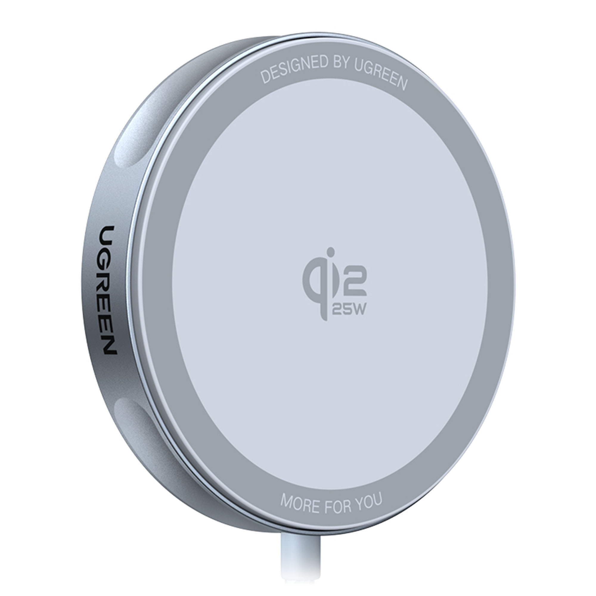 Metinli yuvarlak gümüş UGREEN Qi2 25W şarj pedi.