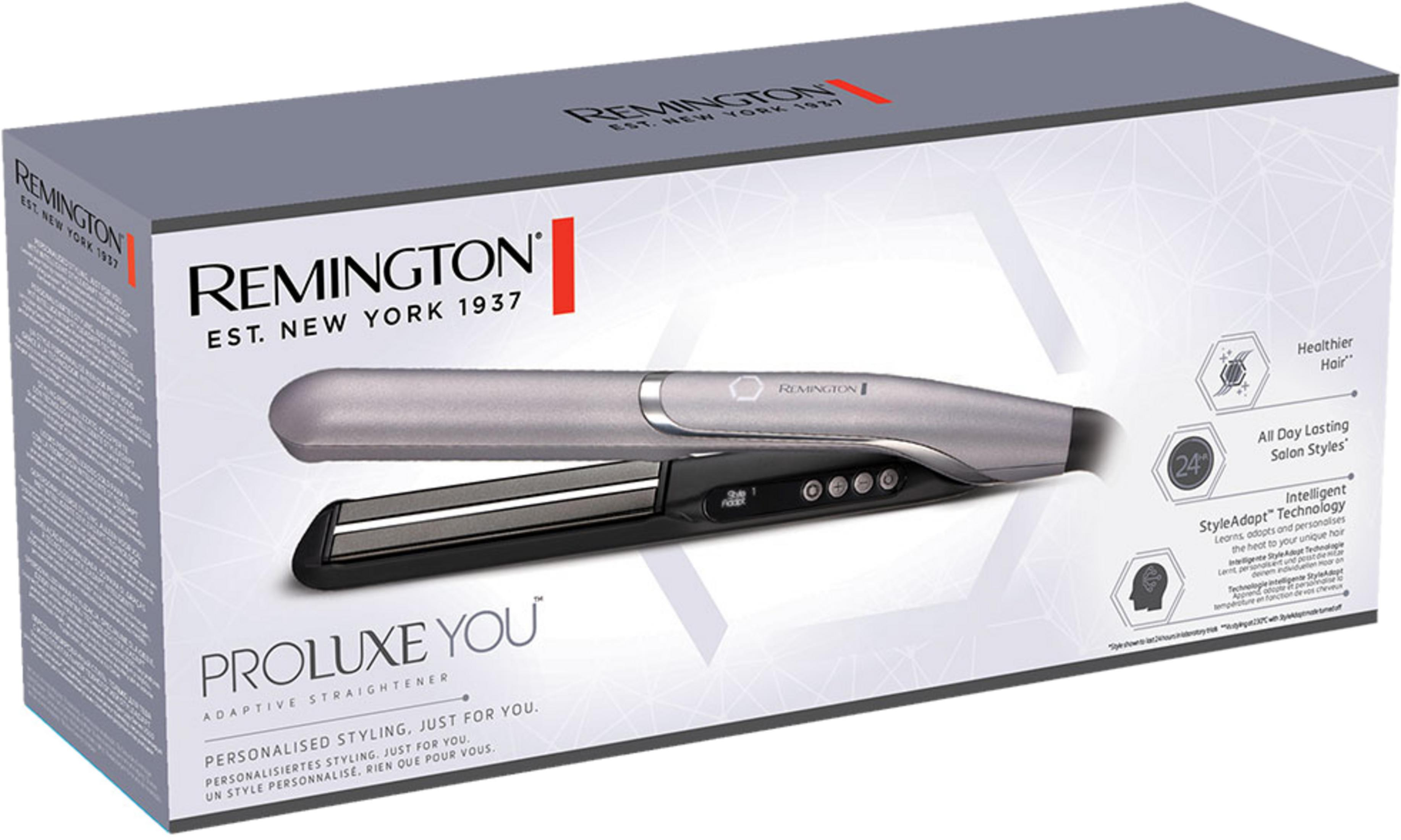 Confezione piastra per capelli Remington Proluxe You con piastra e dettagli del prodotto mostrati.