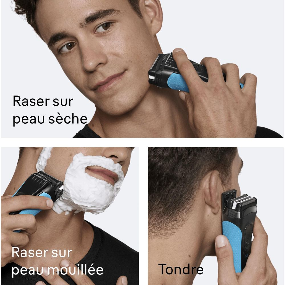 Uomo si rade a secco, bagnato e rifinisce con un rasoio blu e nero.