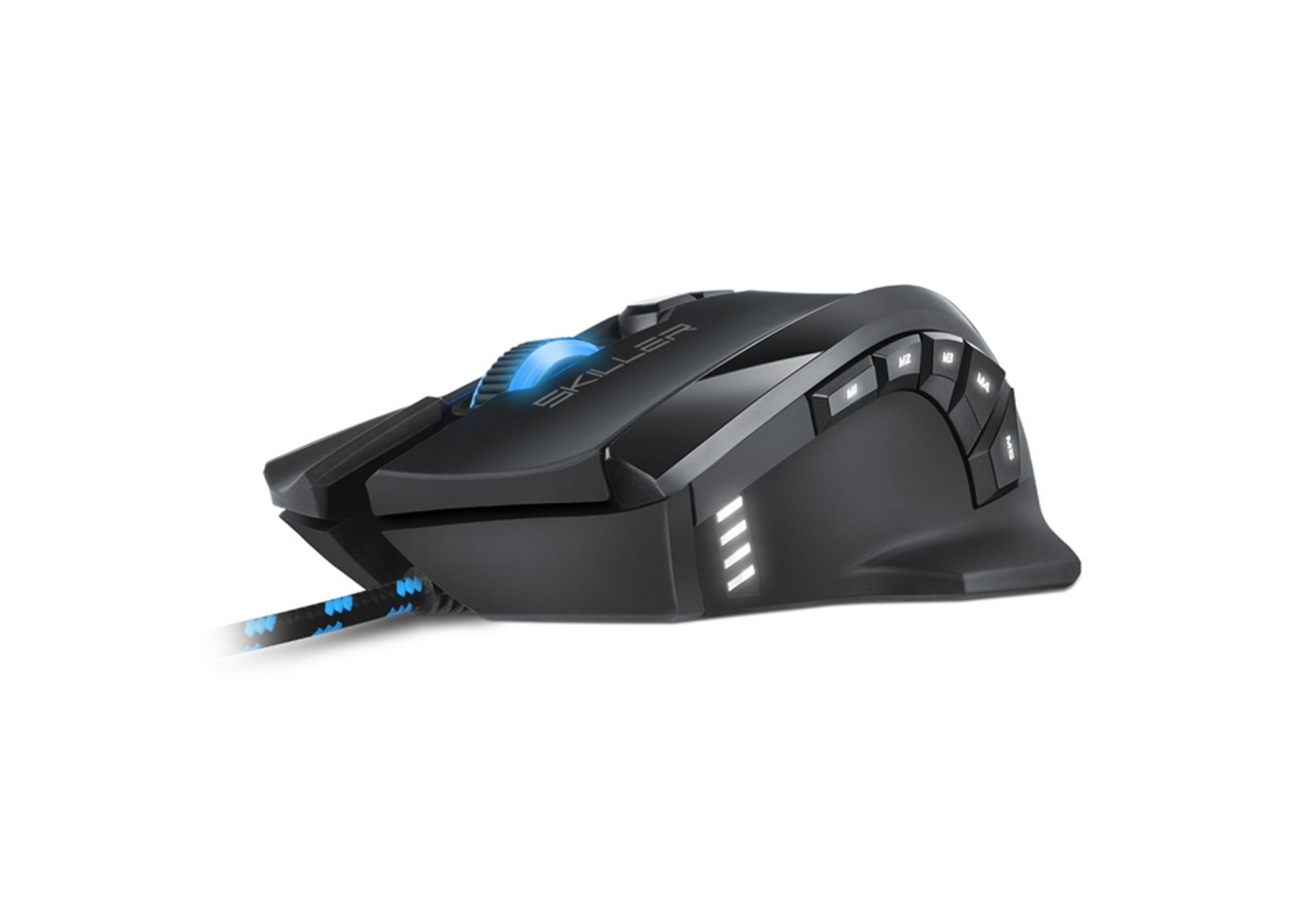 Czarna mysz gamingowa z niebieskimi akcentami i podświetlaną rolką.