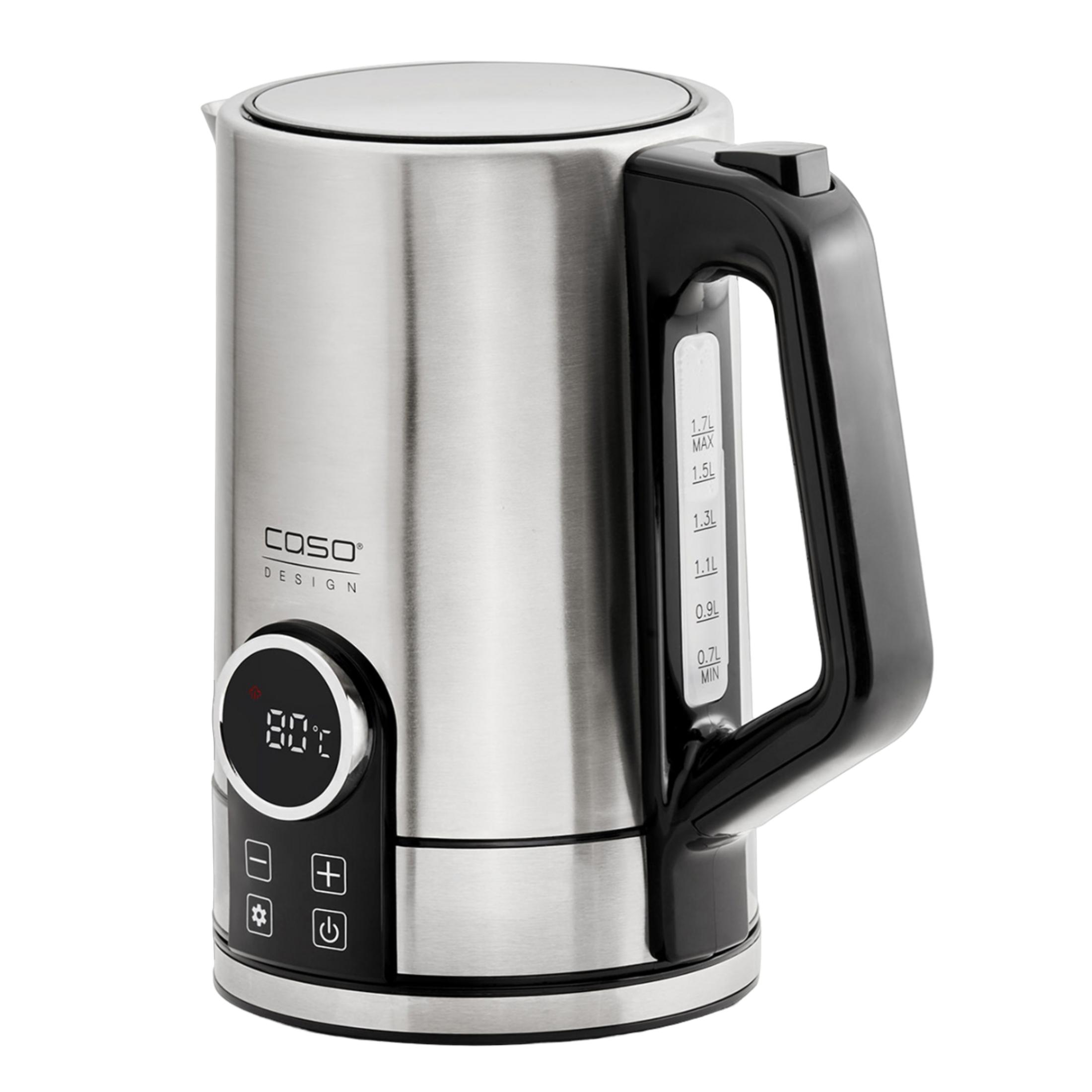 Bollitore in acciaio inox con manico nero e display digitale della temperatura.