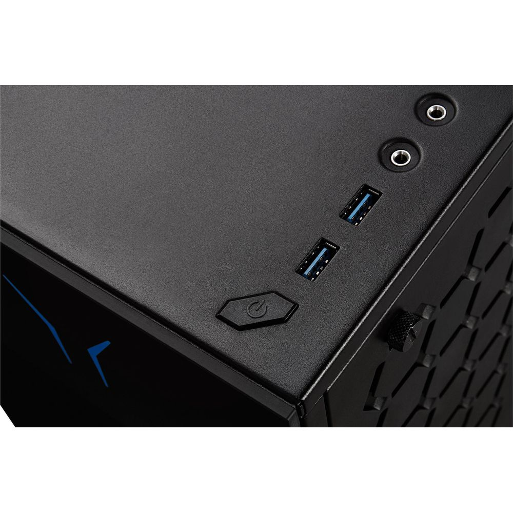 Ein schwarzer Computergehäuse-Deckel mit USB-Ports, Power-Button und Audiobuchsen.