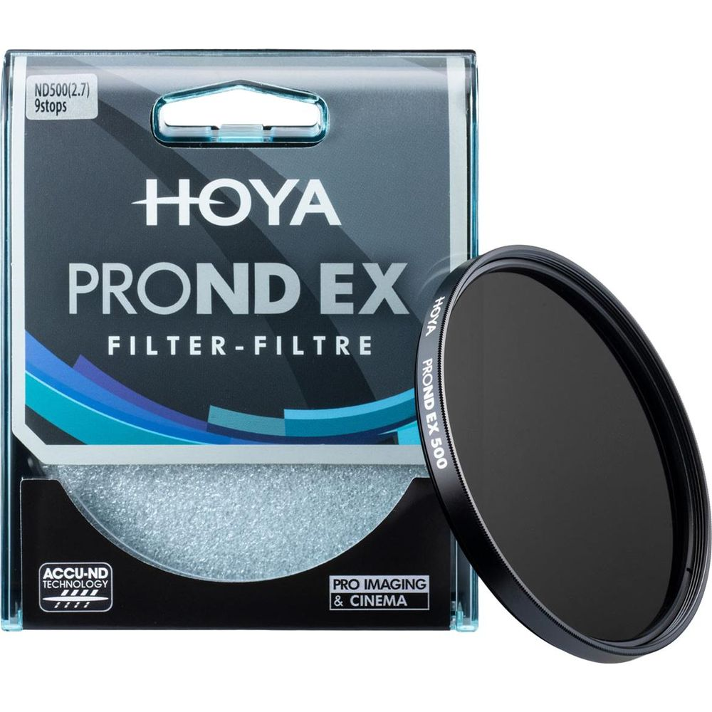 Grauer Hoya PROND EX 500 Filter neben seiner Verpackung mit '9 Stops' Angabe.