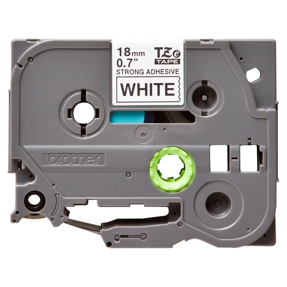 Nastro etichette Brother grigio, largo 18 mm, con testo bianco.