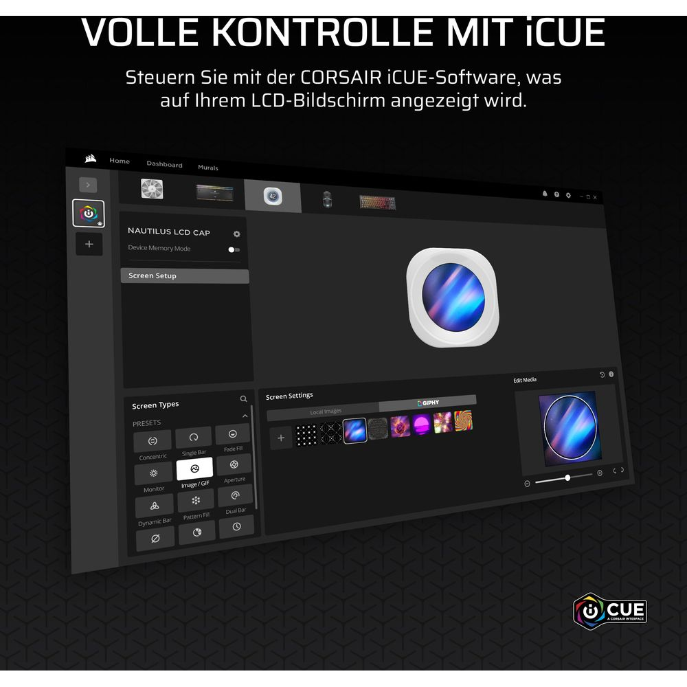 Software Corsair iCUE mostra impostazioni schermo LCD, selezione immagine/GIF.