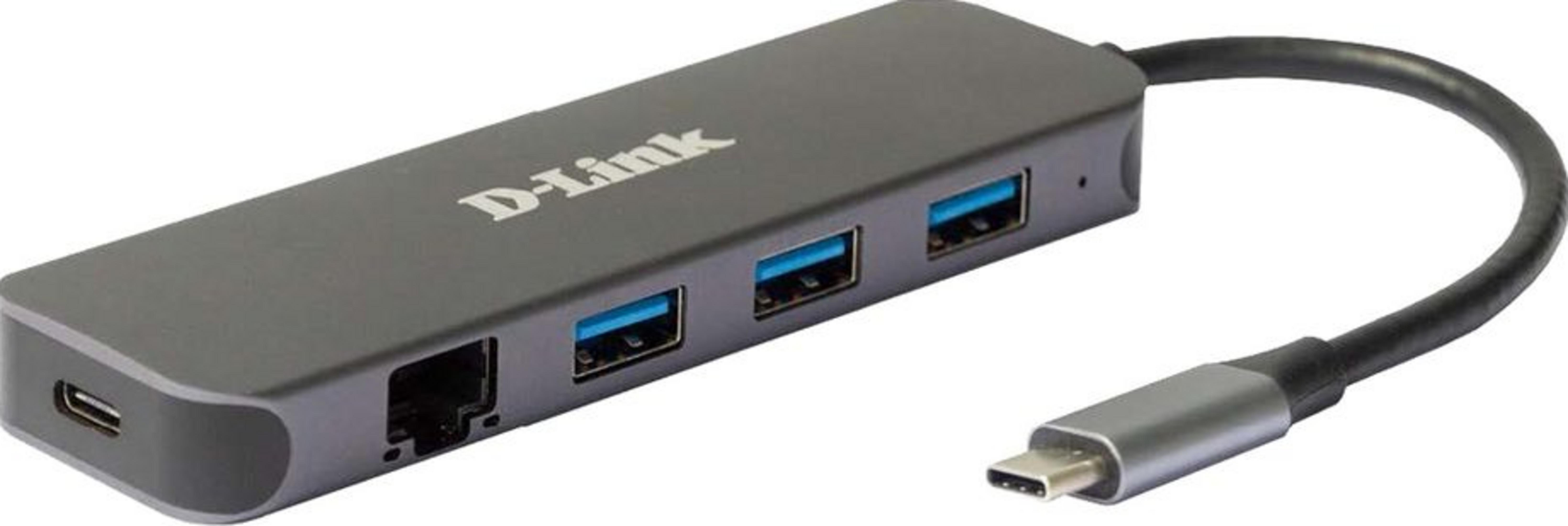 Hub USB-C grigio D-Link con porta di rete e tre porte USB-A.