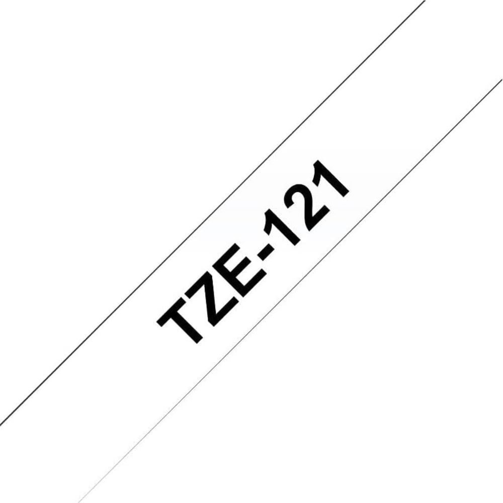 Testo nero TZE-121 su sfondo bianco, stampato diagonalmente.