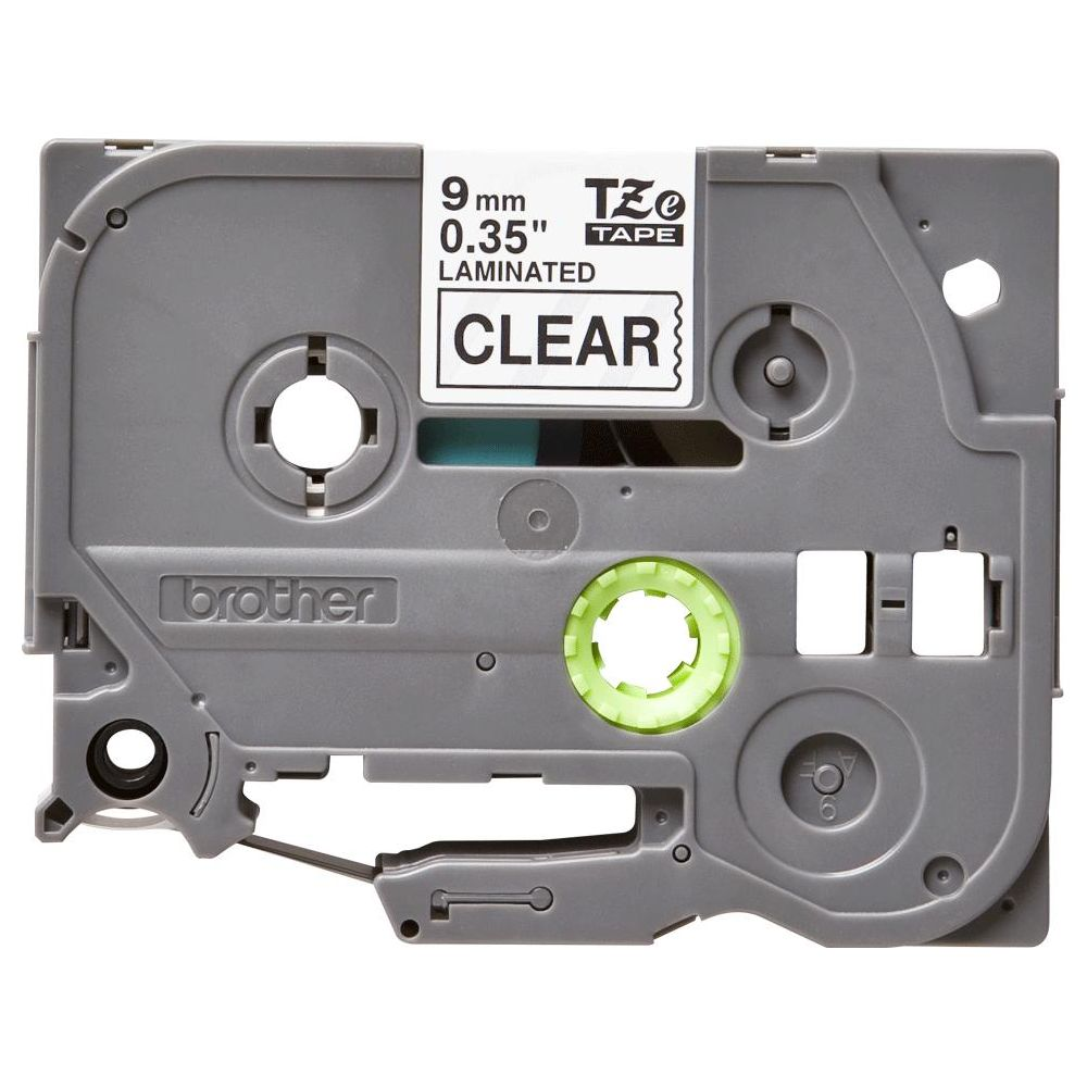 Cartuccia nastro Brother grigia per etichettatrice, con scritta "CLEAR".