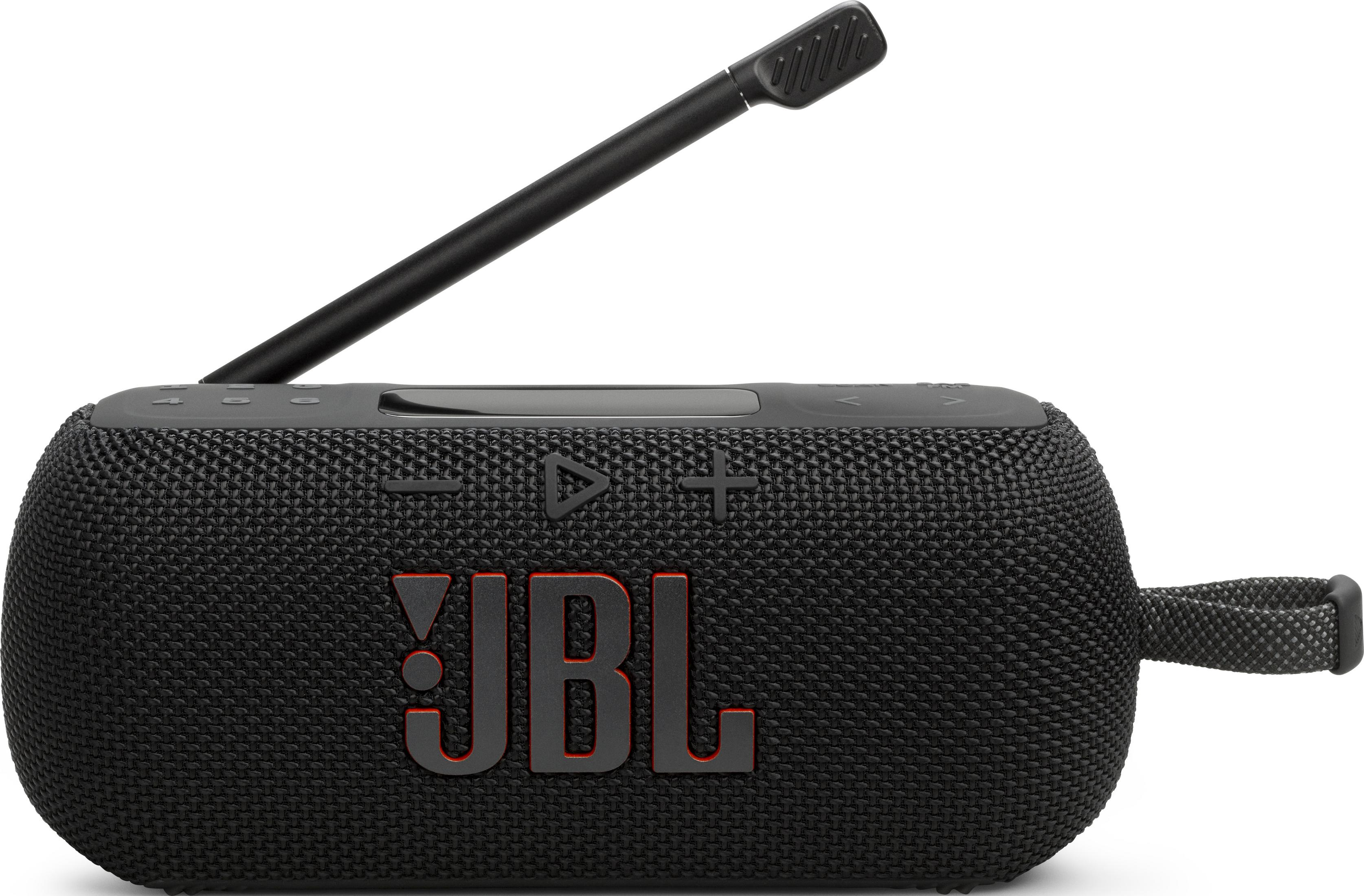 Altoparlante JBL nero con antenna e tracolla.
