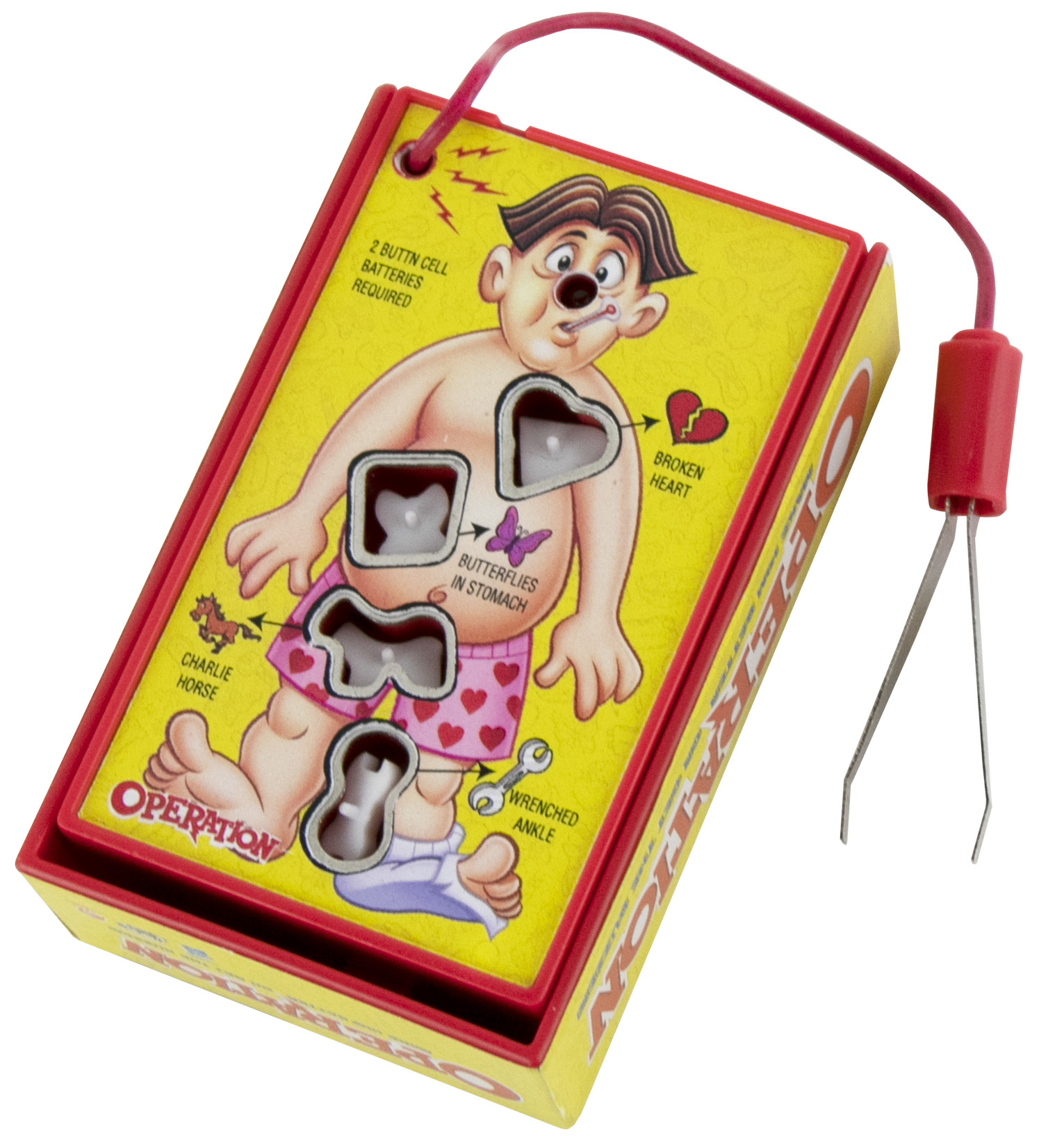 Il tabellone del gioco "Operazione" mostra un paziente dei cartoni animati con disturbi come cuore spezzato e farfalle.